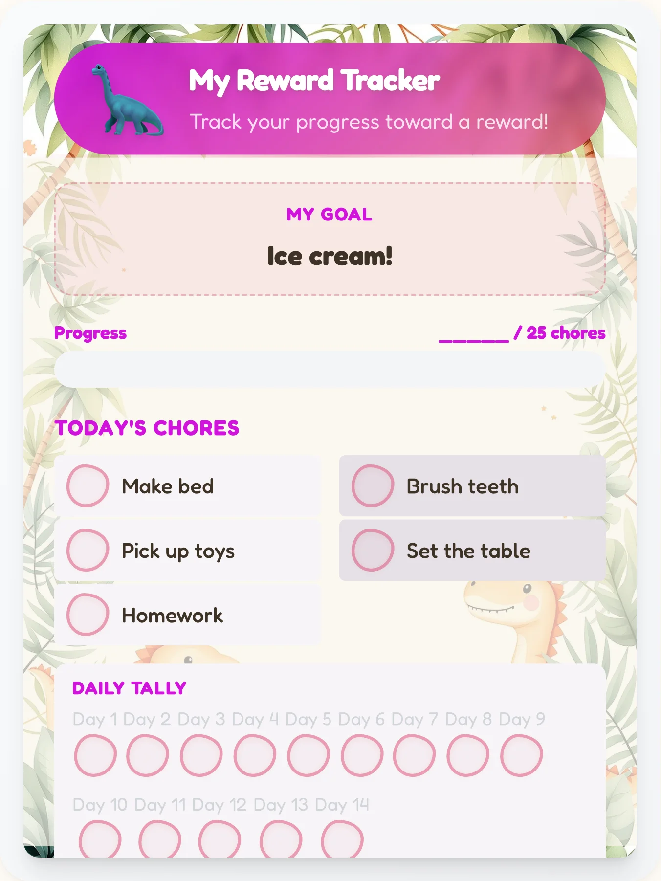 Whimsical Dinosaur Points Tracker - printable dinosaur chore chart