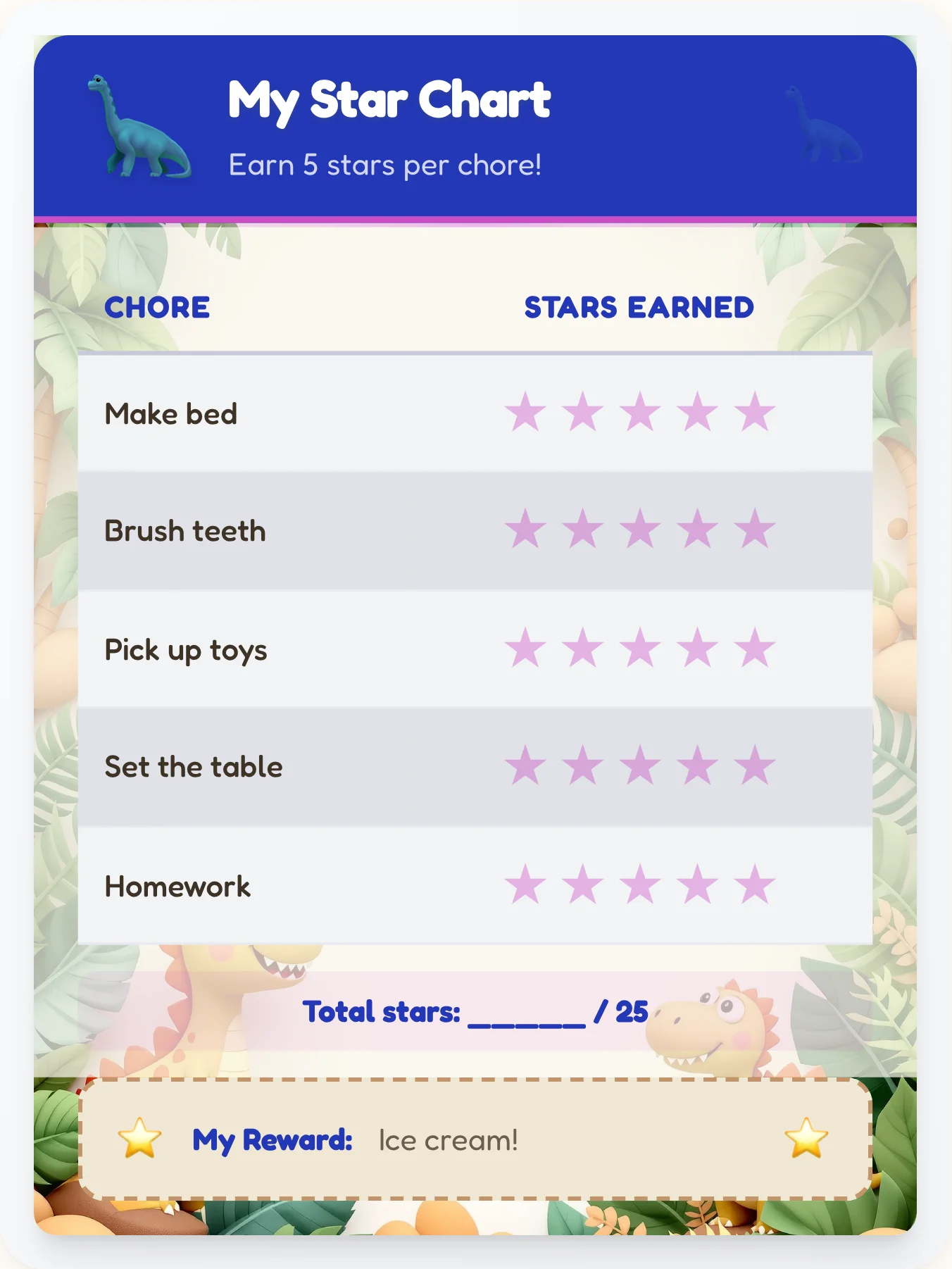 Natural Dinosaur Gold Stars - printable dinosaur chore chart