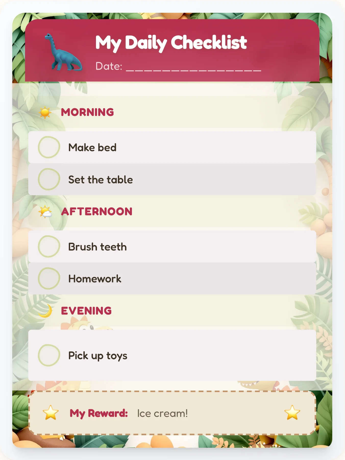 Frosty Dinosaur Daily Planner - printable dinosaur chore chart