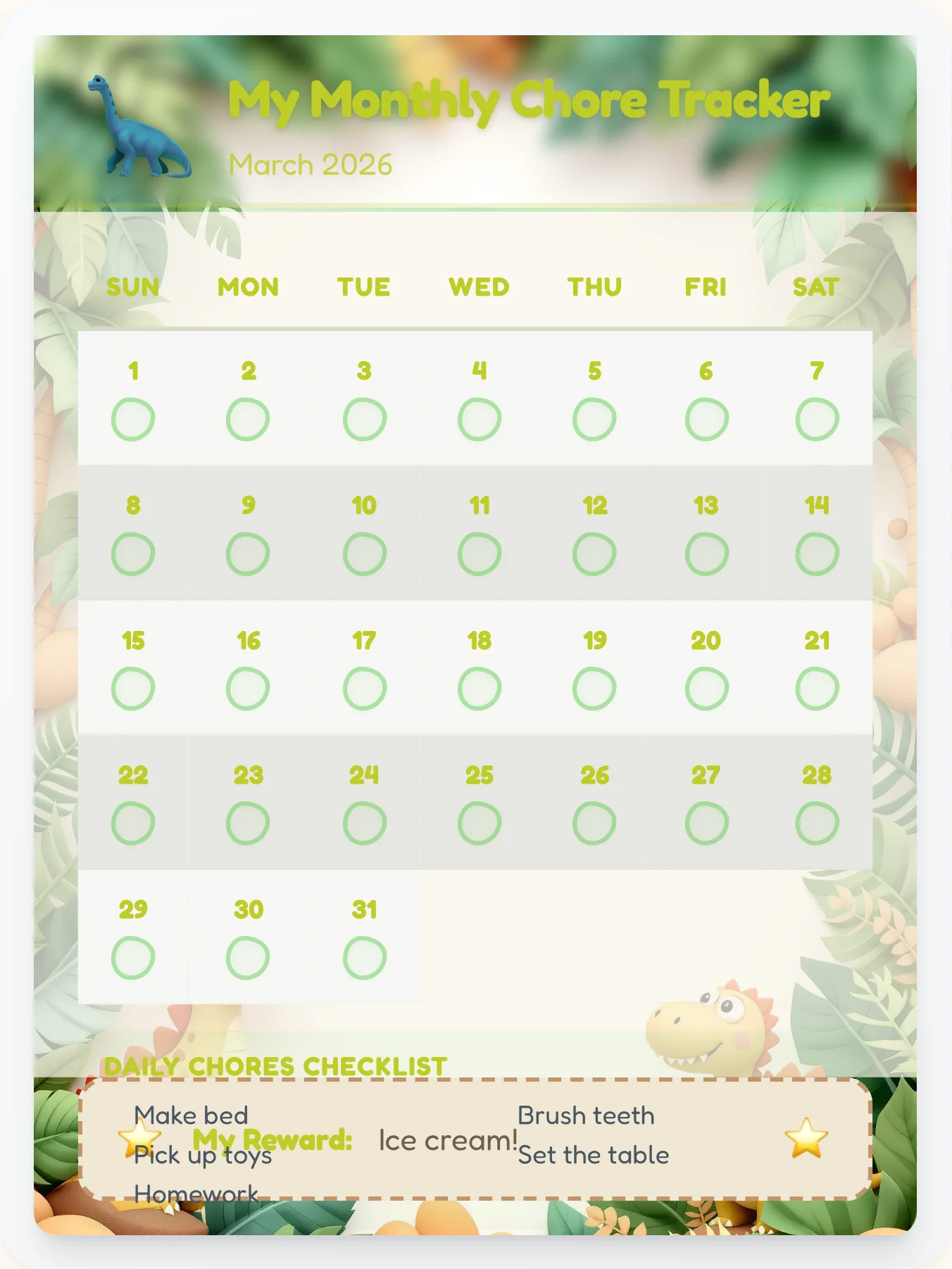 Misty Dinosaur Monthly Grid - printable dinosaur chore chart