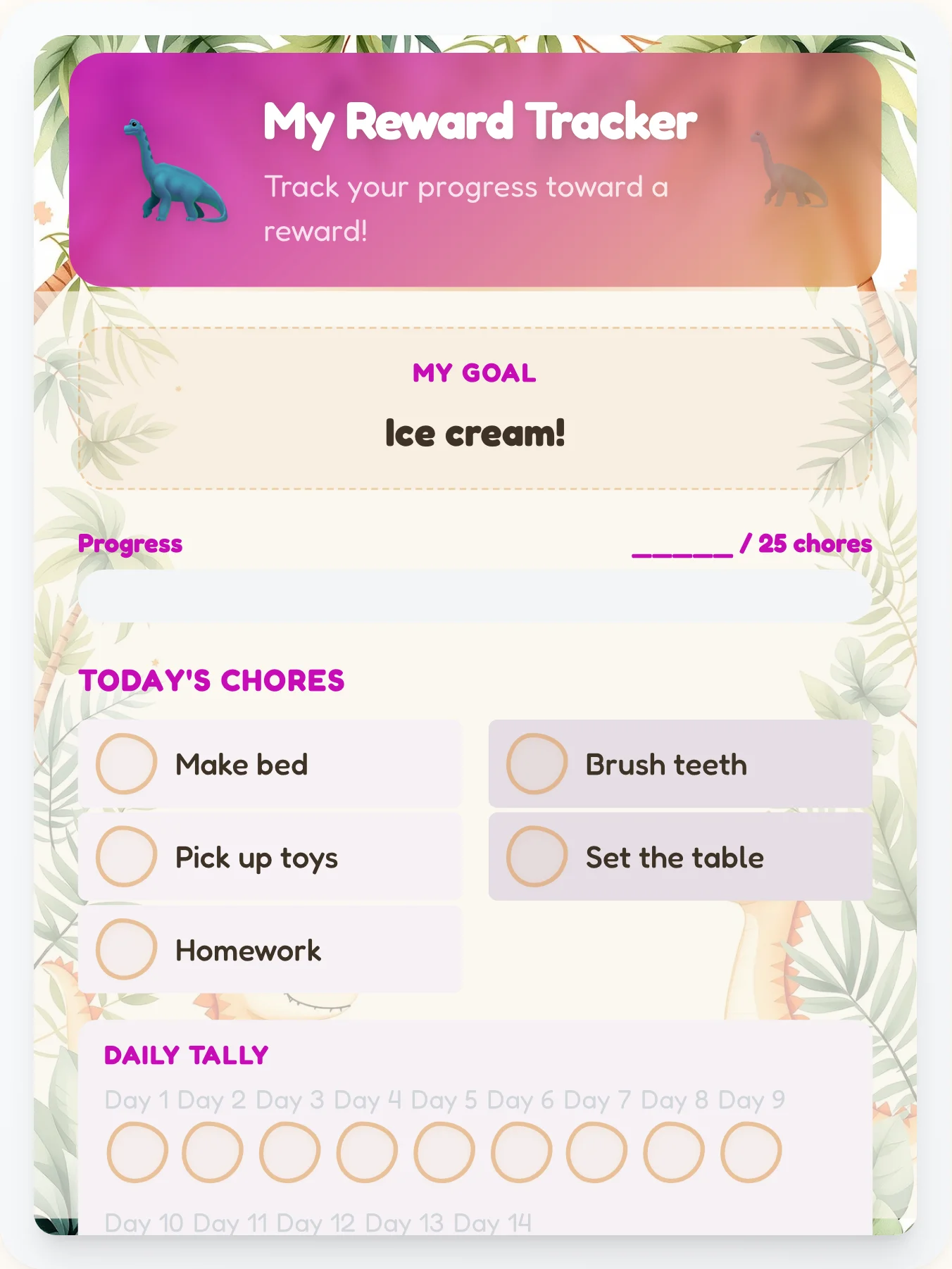 Airy Dinosaur Goal Chart - printable dinosaur chore chart