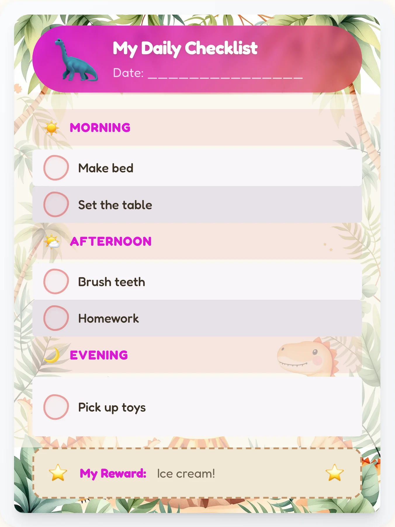 Whimsical Dinosaur Daily Log - printable dinosaur chore chart
