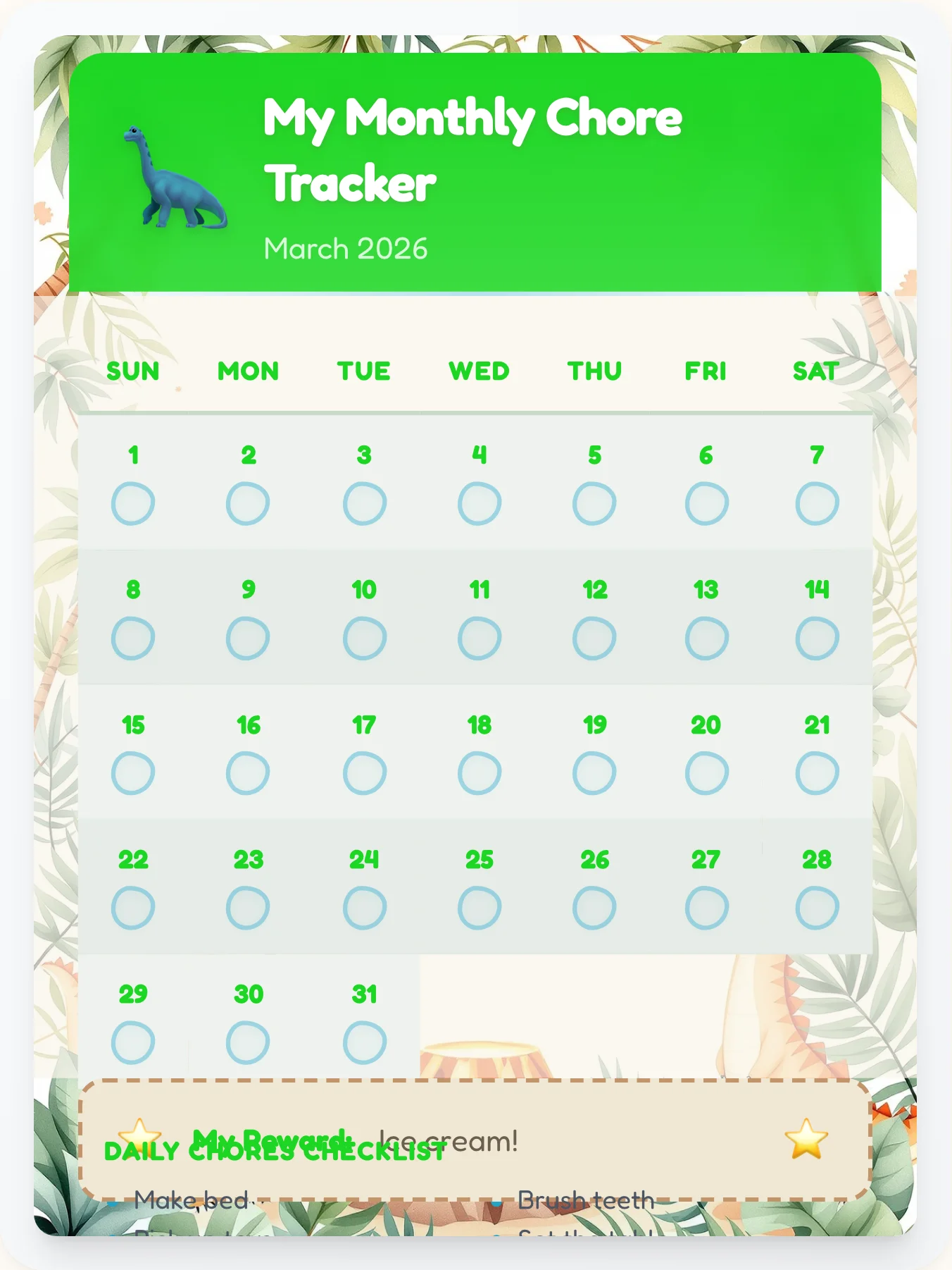 Vivid Dinosaur Monthly Grid - printable dinosaur chore chart