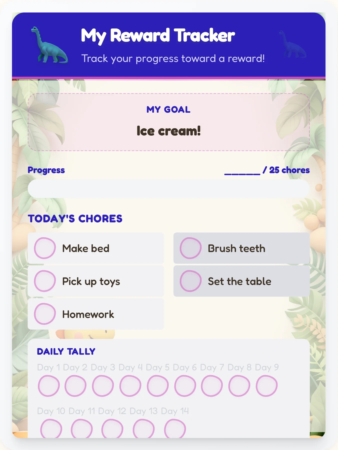 Organic Dinosaur Achievement Board - printable dinosaur chore chart
