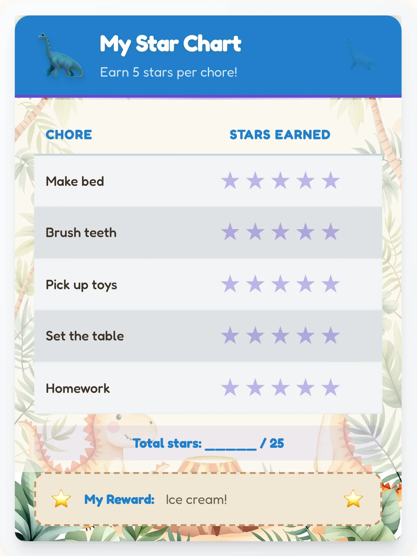 Joyful Dinosaur Star Rewards - printable dinosaur chore chart
