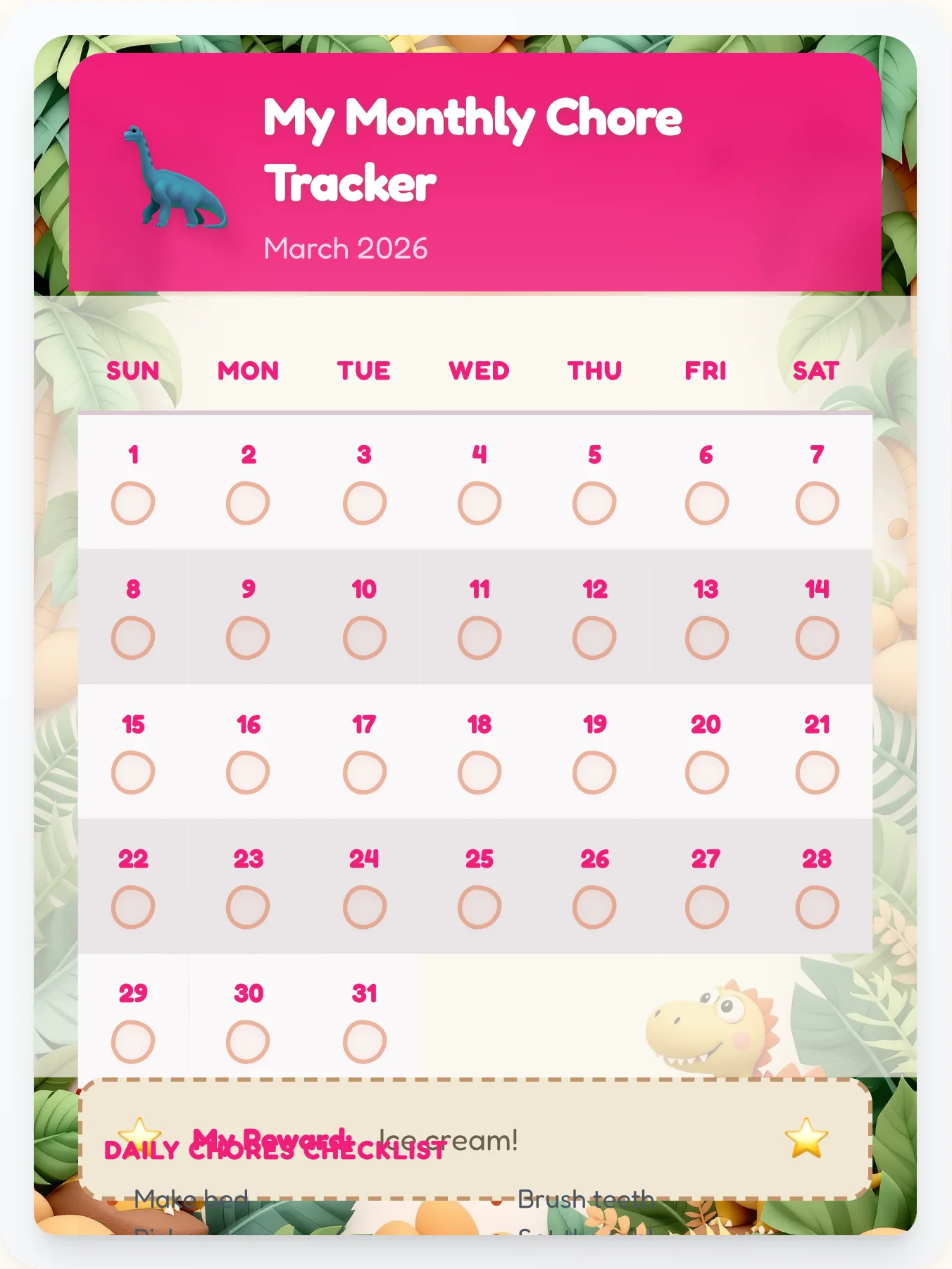 Delicate Dinosaur Calendar Chart - printable dinosaur chore chart