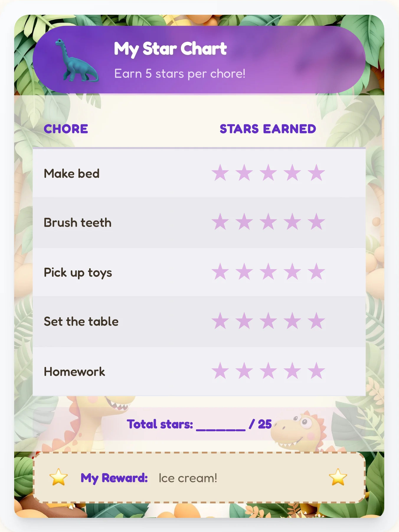 Royal Dinosaur Star Board - printable dinosaur chore chart