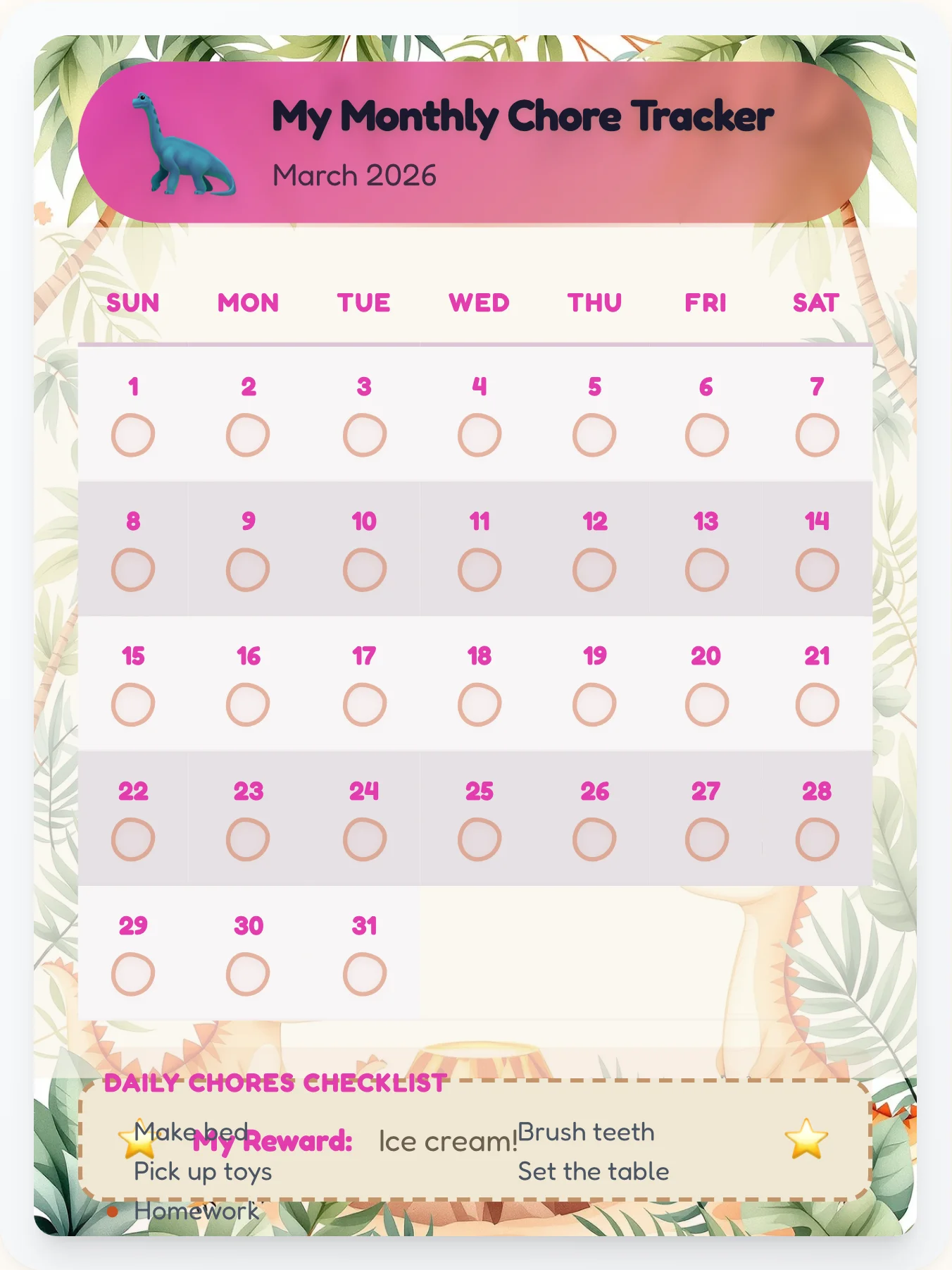 Bold Dinosaur Calendar Board - printable dinosaur chore chart