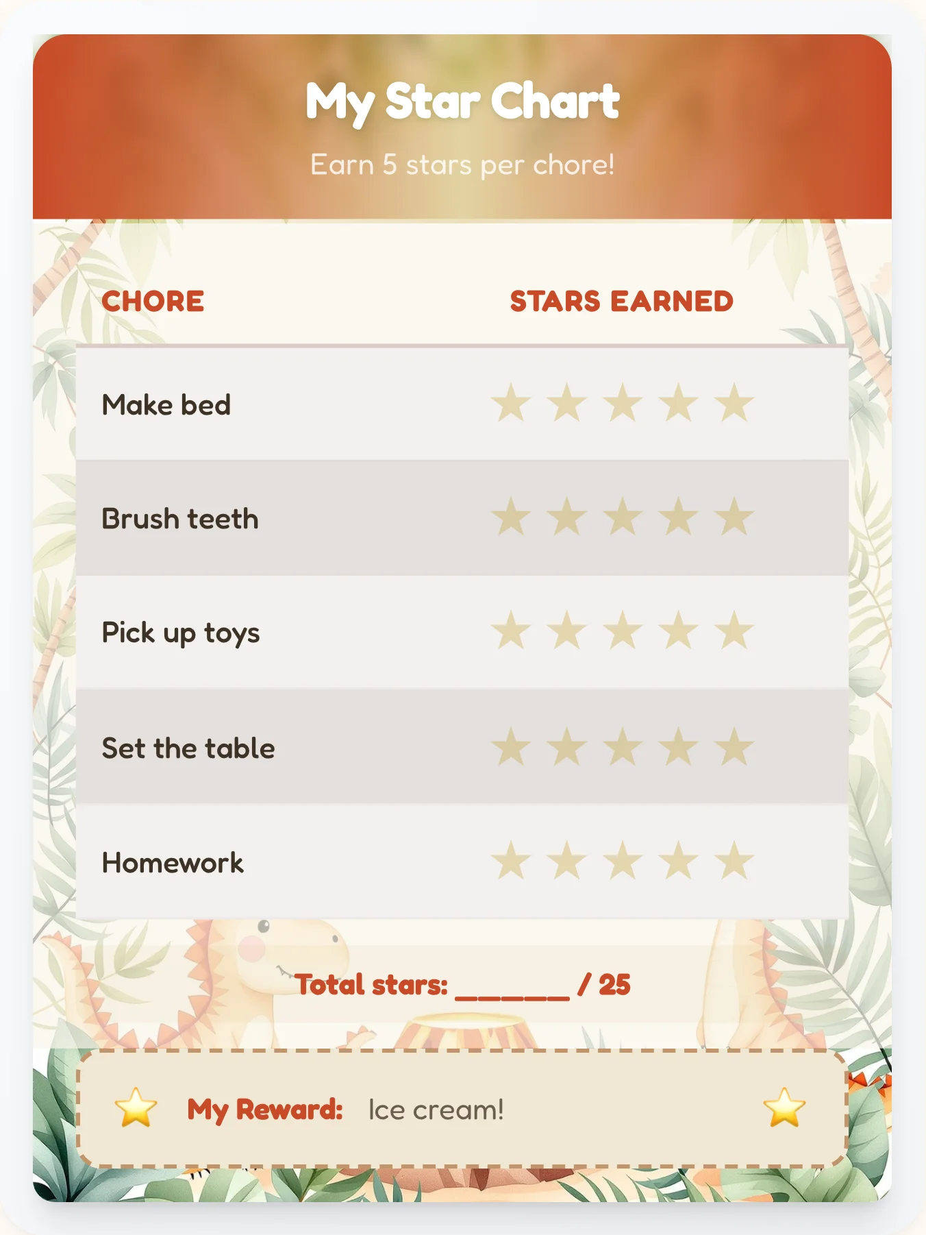 Cozy Dinosaur Gold Stars - printable dinosaur chore chart