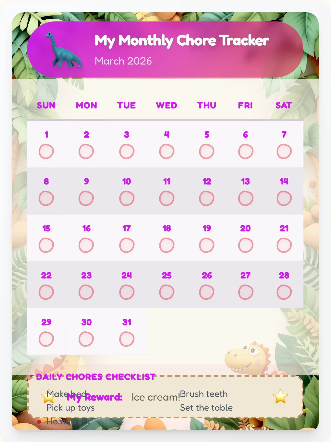 Vibrant Dinosaur Month View - printable dinosaur chore chart