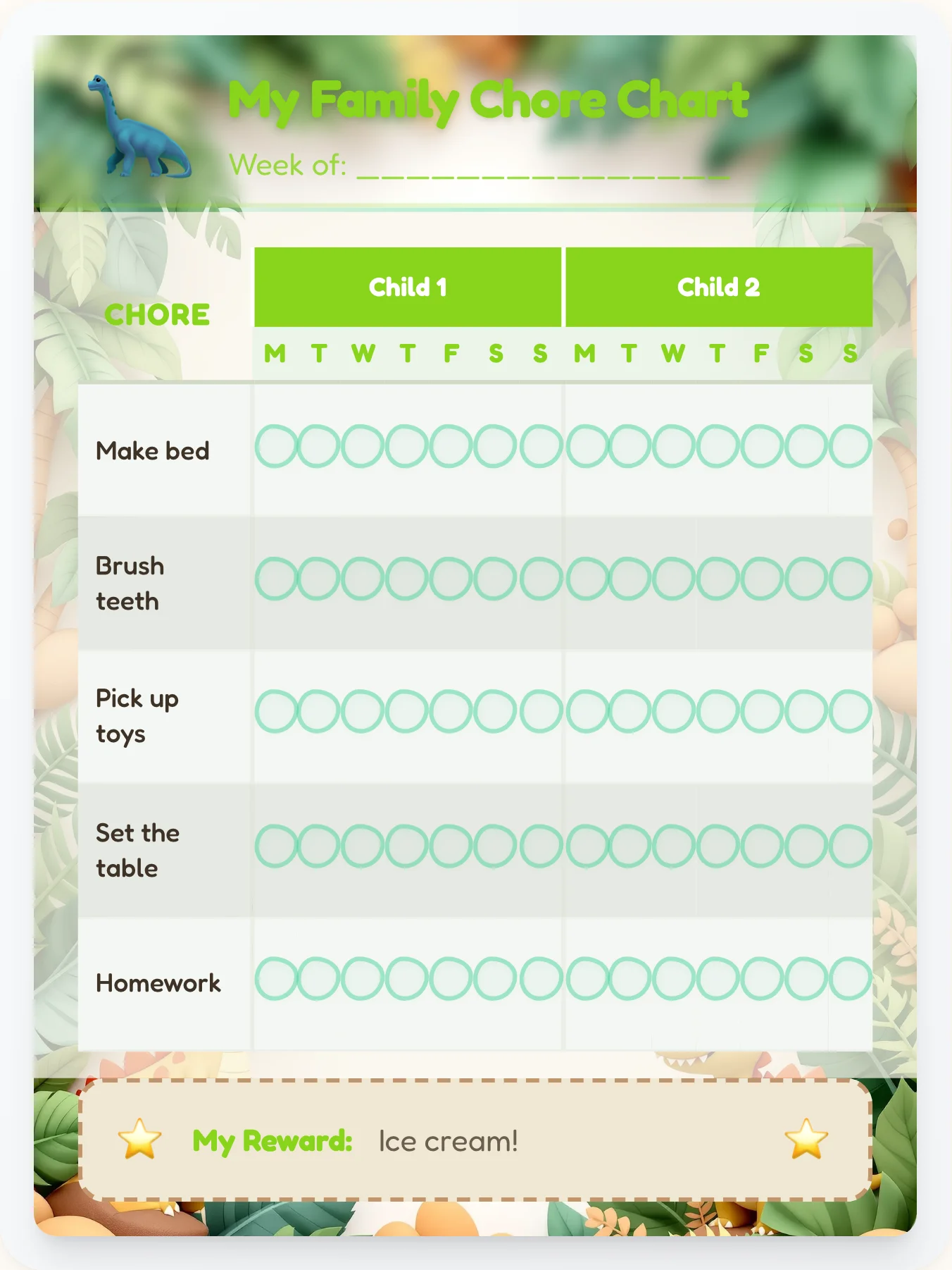Playful Dinosaur Multi-Kid Tracker - printable dinosaur chore chart