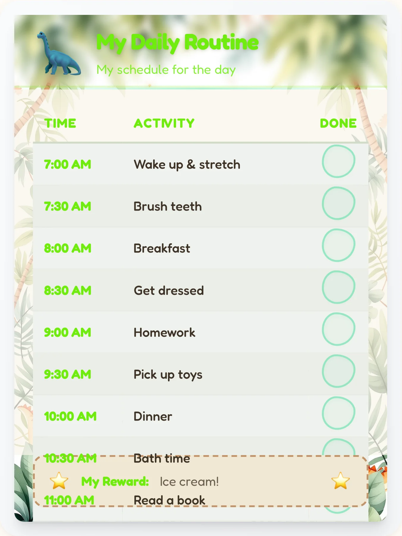 Quiet Dinosaur Time Planner - printable dinosaur chore chart