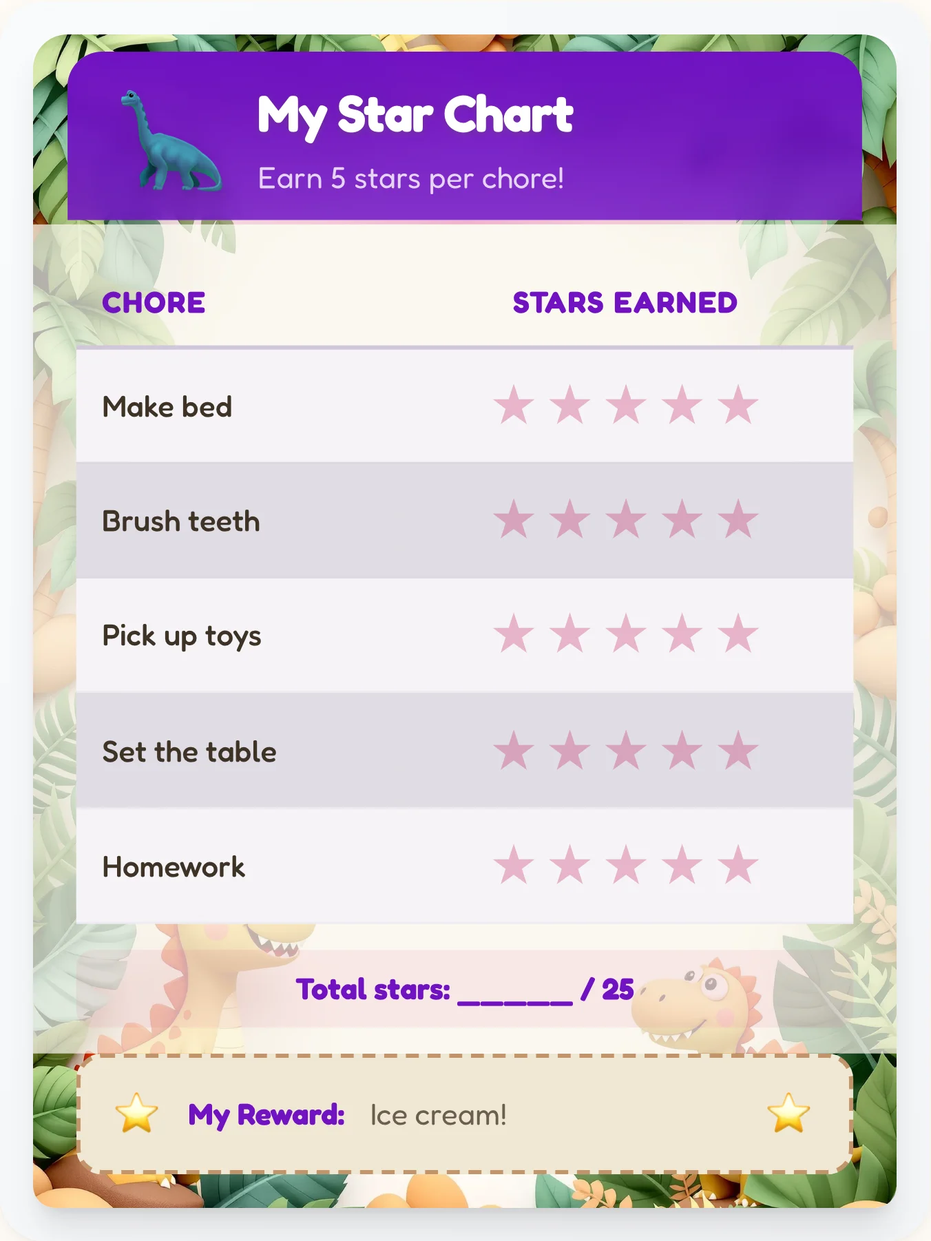 Tranquil Dinosaur Star Tracker - printable dinosaur chore chart