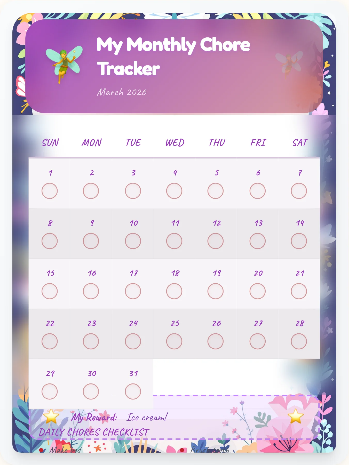 Urban Fairy Monthly Planner - printable fairy chore chart