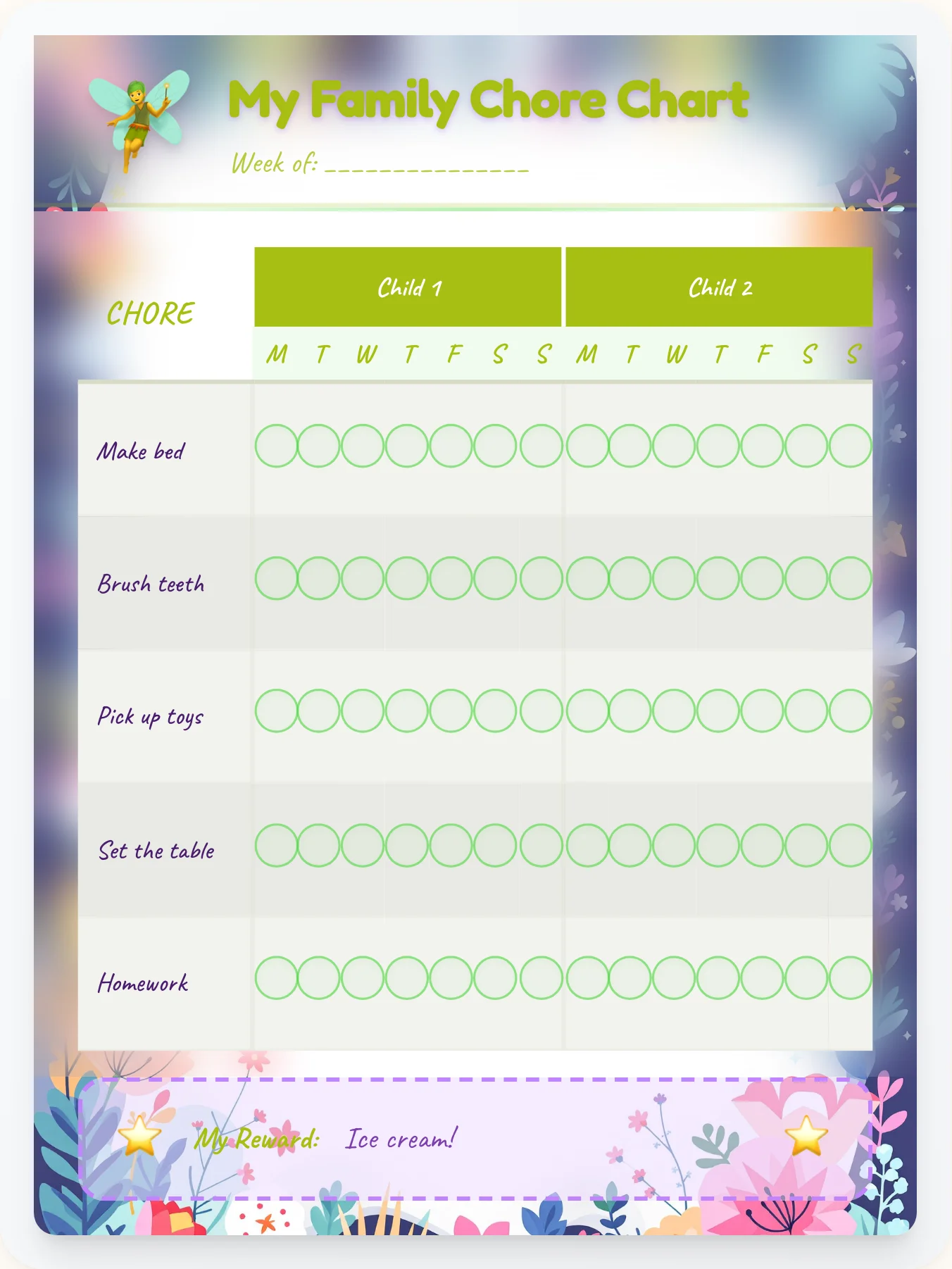 Misty Fairy Sibling Board - printable fairy chore chart