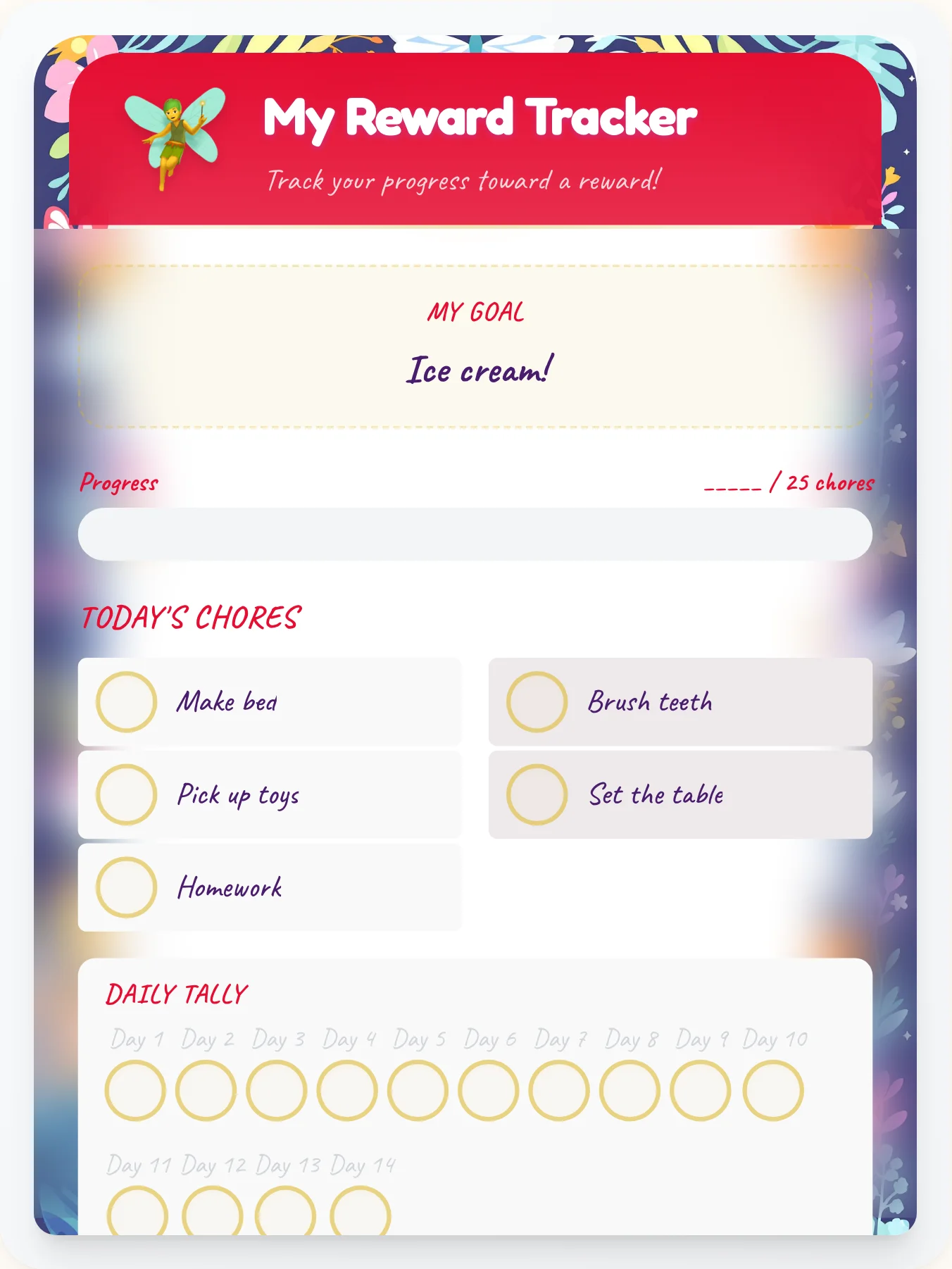 Frosty Fairy Achievement Board - printable fairy chore chart