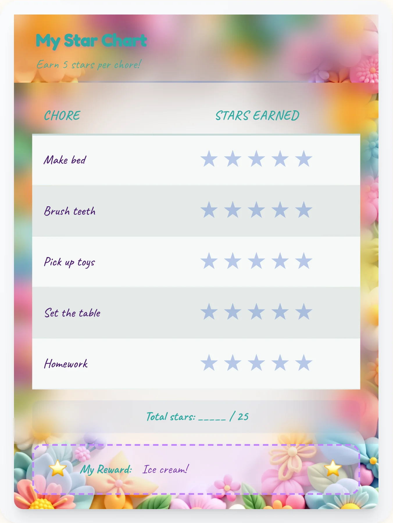 Gentle Fairy Star Tracker - printable fairy chore chart
