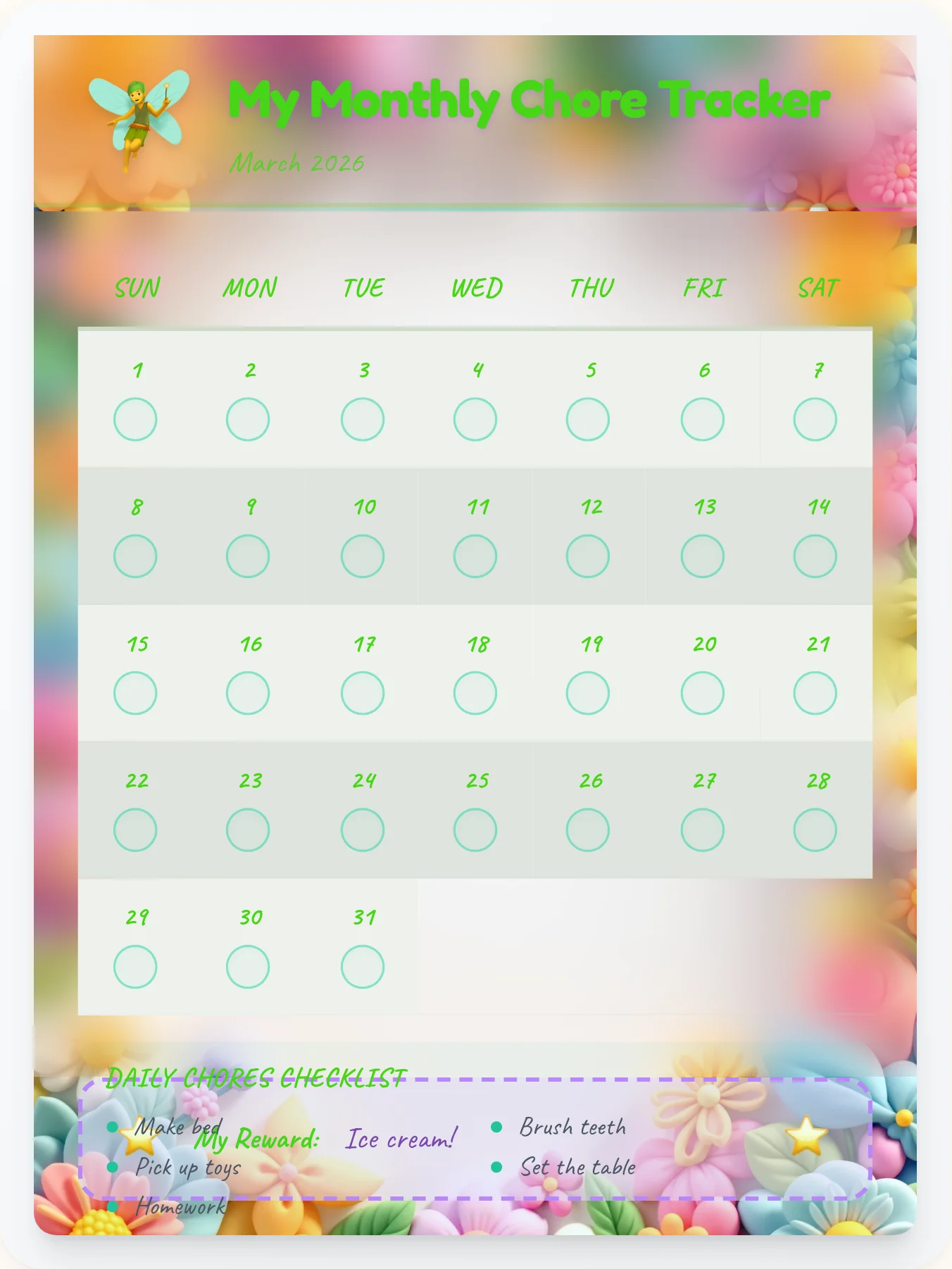Sunny Fairy Month View - printable fairy chore chart