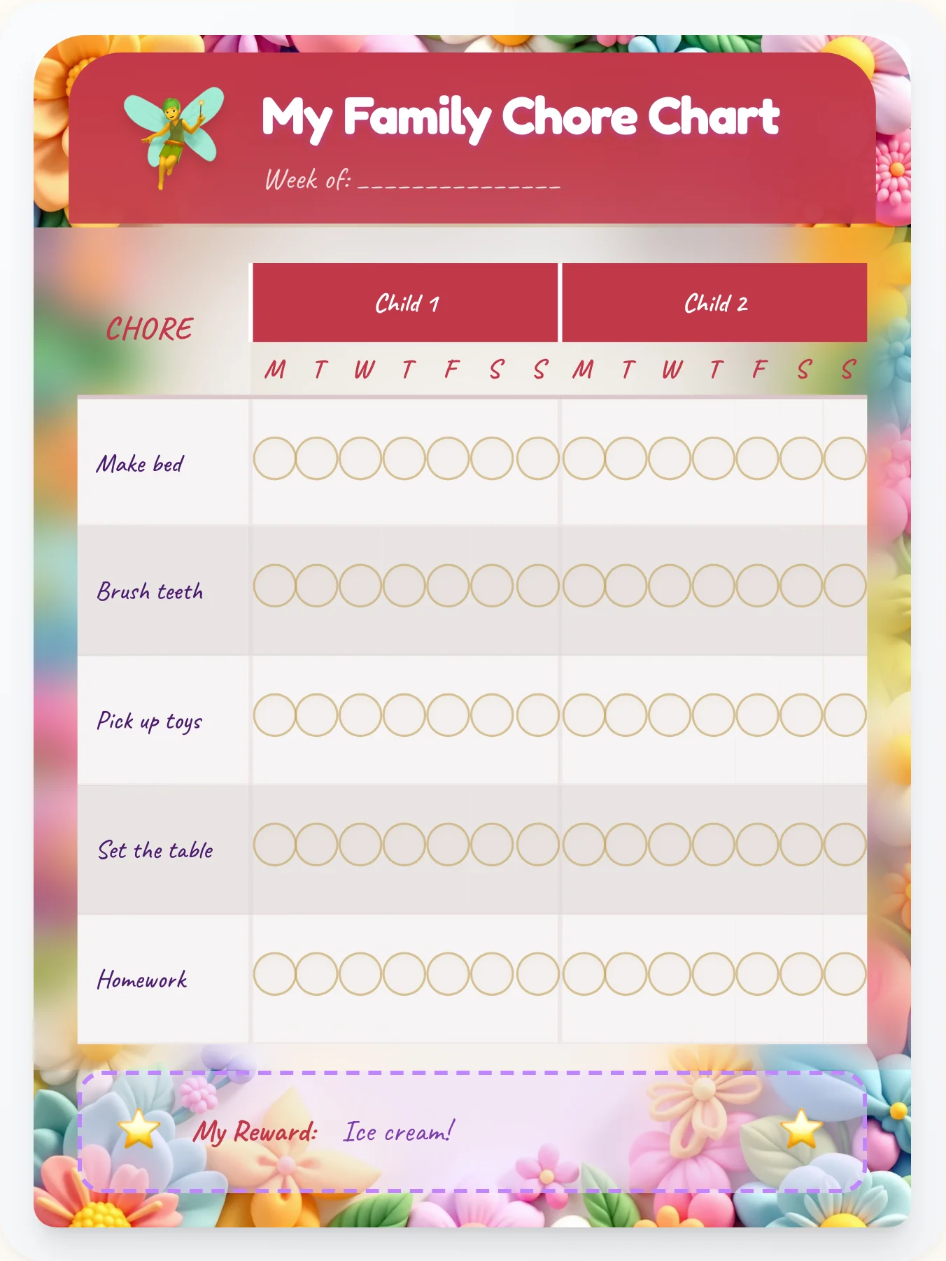 Glossy Fairy Sibling Board - printable fairy chore chart