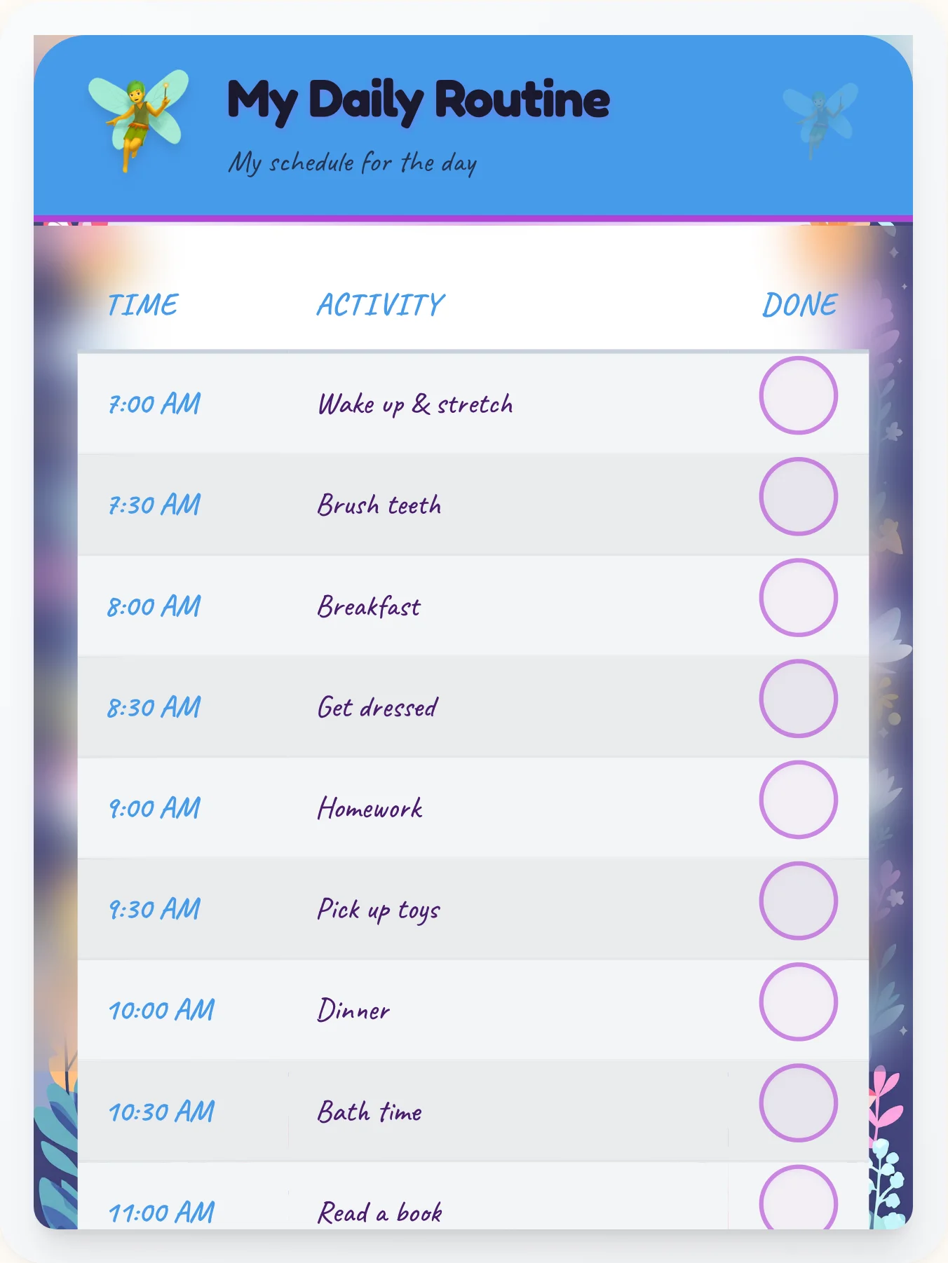 Kind Fairy Daily Routine - printable fairy chore chart