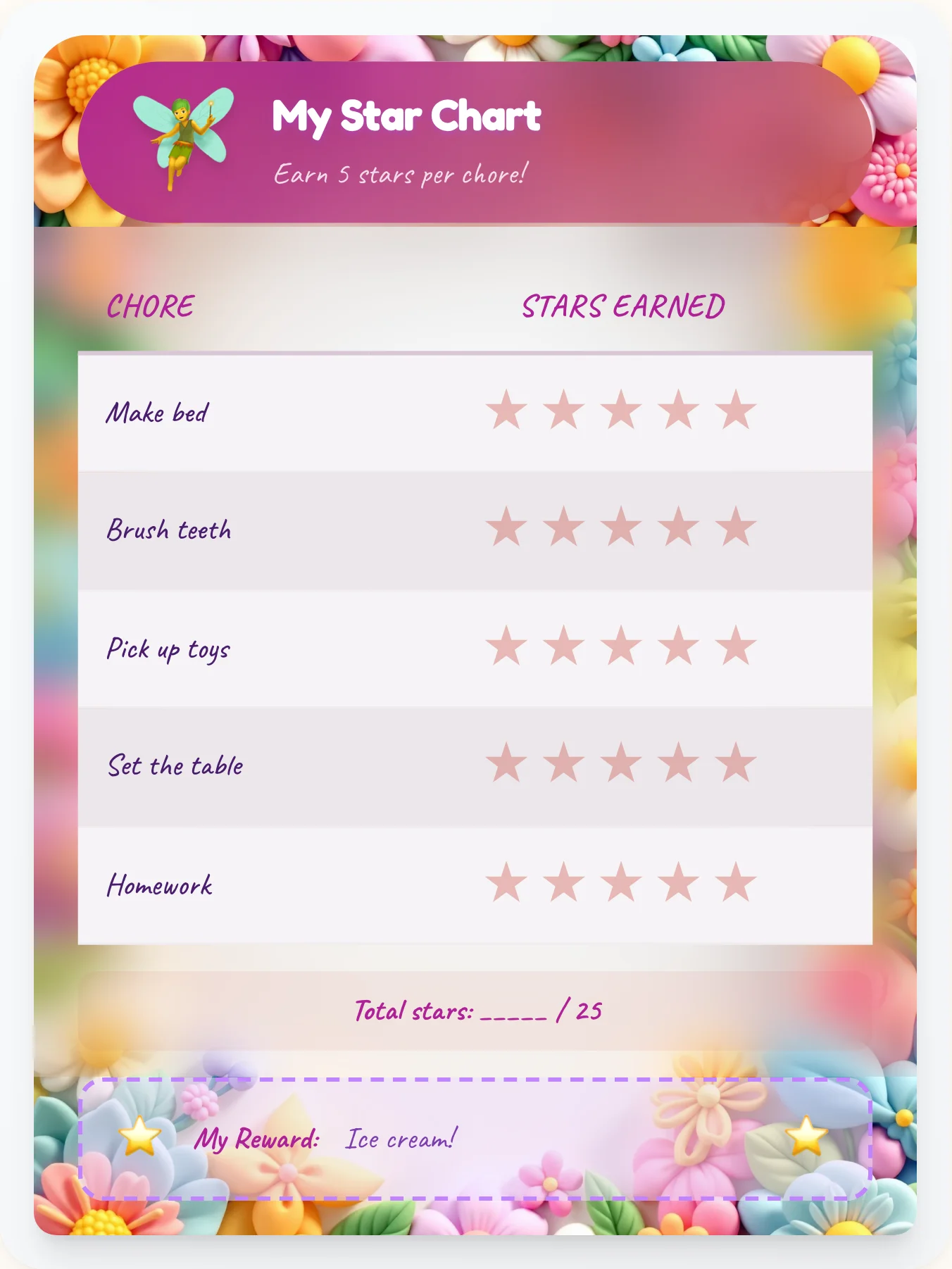 Airy Fairy Gold Stars - printable fairy chore chart