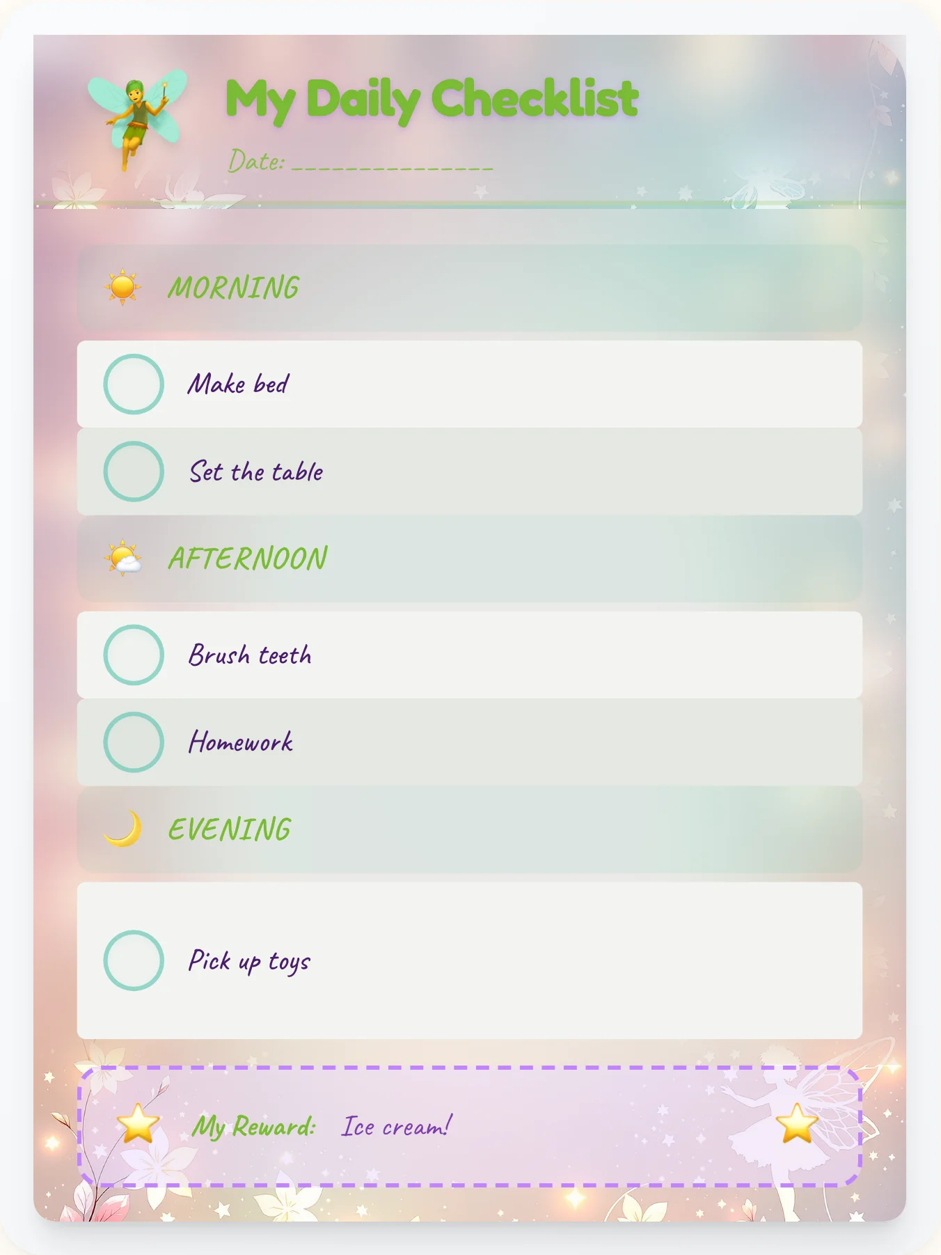 Quiet Fairy Daily Planner - printable fairy chore chart