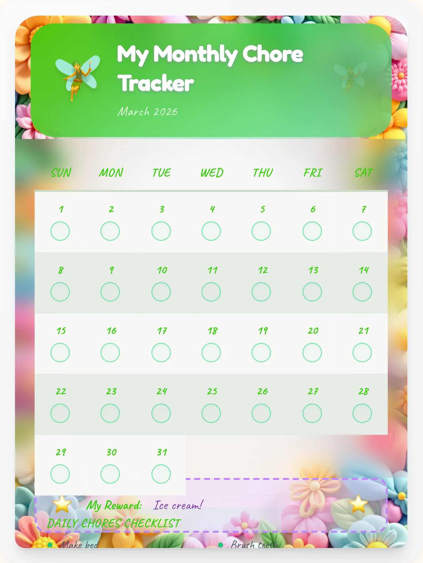 Sunny Fairy Calendar Chart - printable fairy chore chart