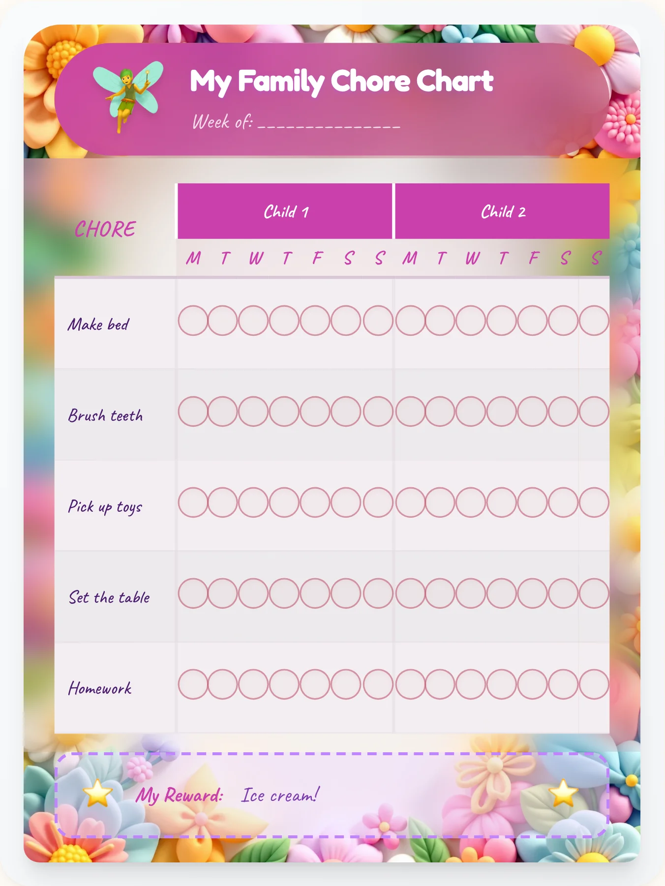 Bold Fairy Sibling Board - printable fairy chore chart