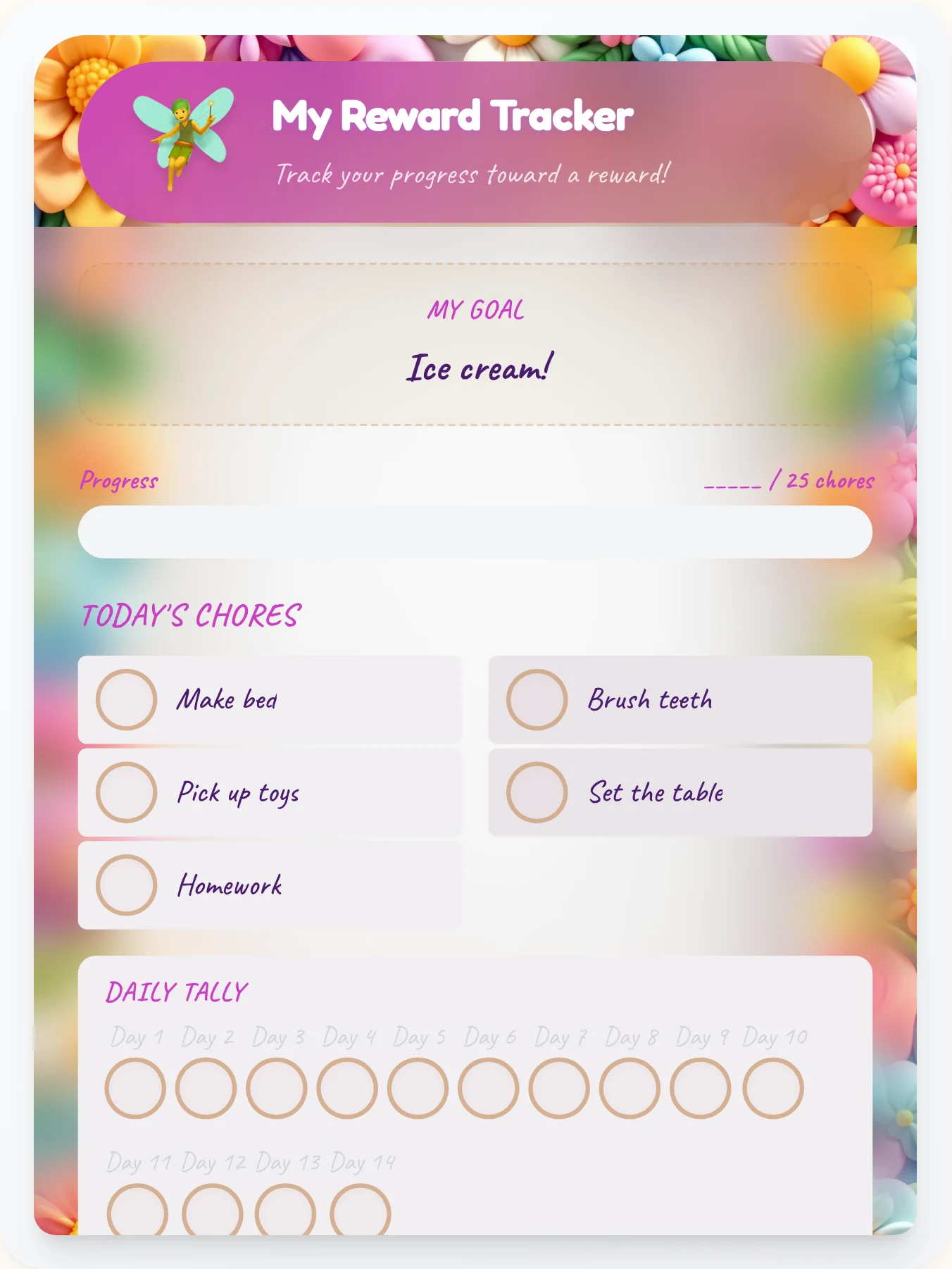 Whimsical Fairy Prize Chart - printable fairy chore chart