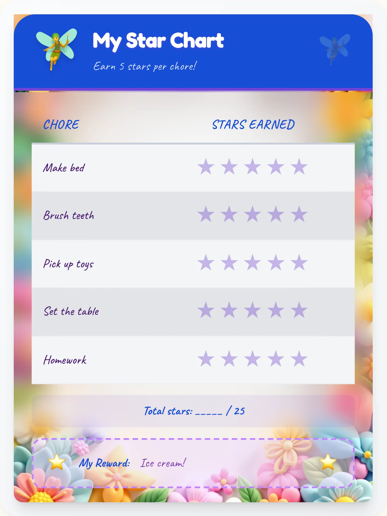 Luminous Fairy Star Board - printable fairy chore chart
