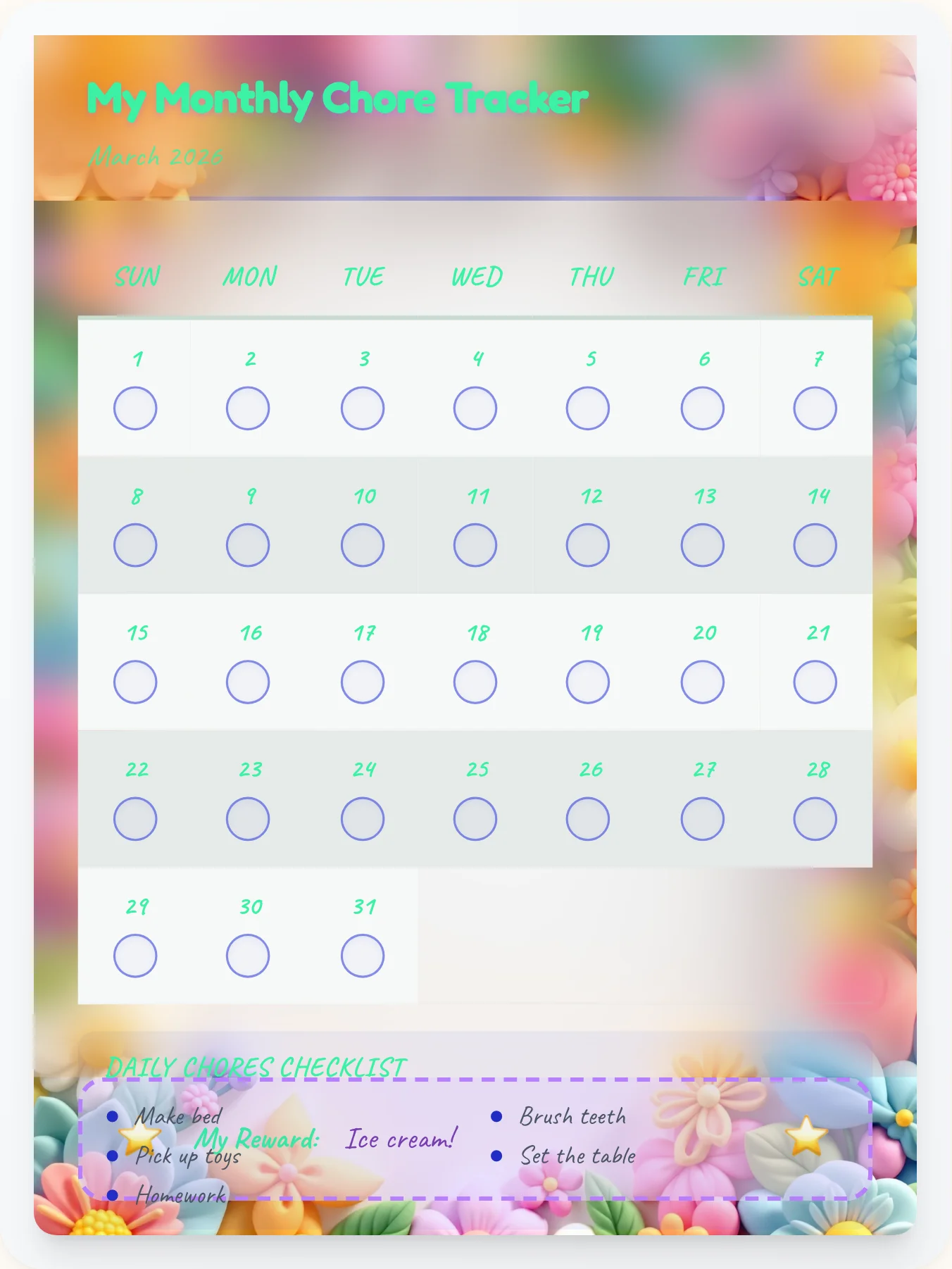 Dainty Fairy Calendar Chart - printable fairy chore chart