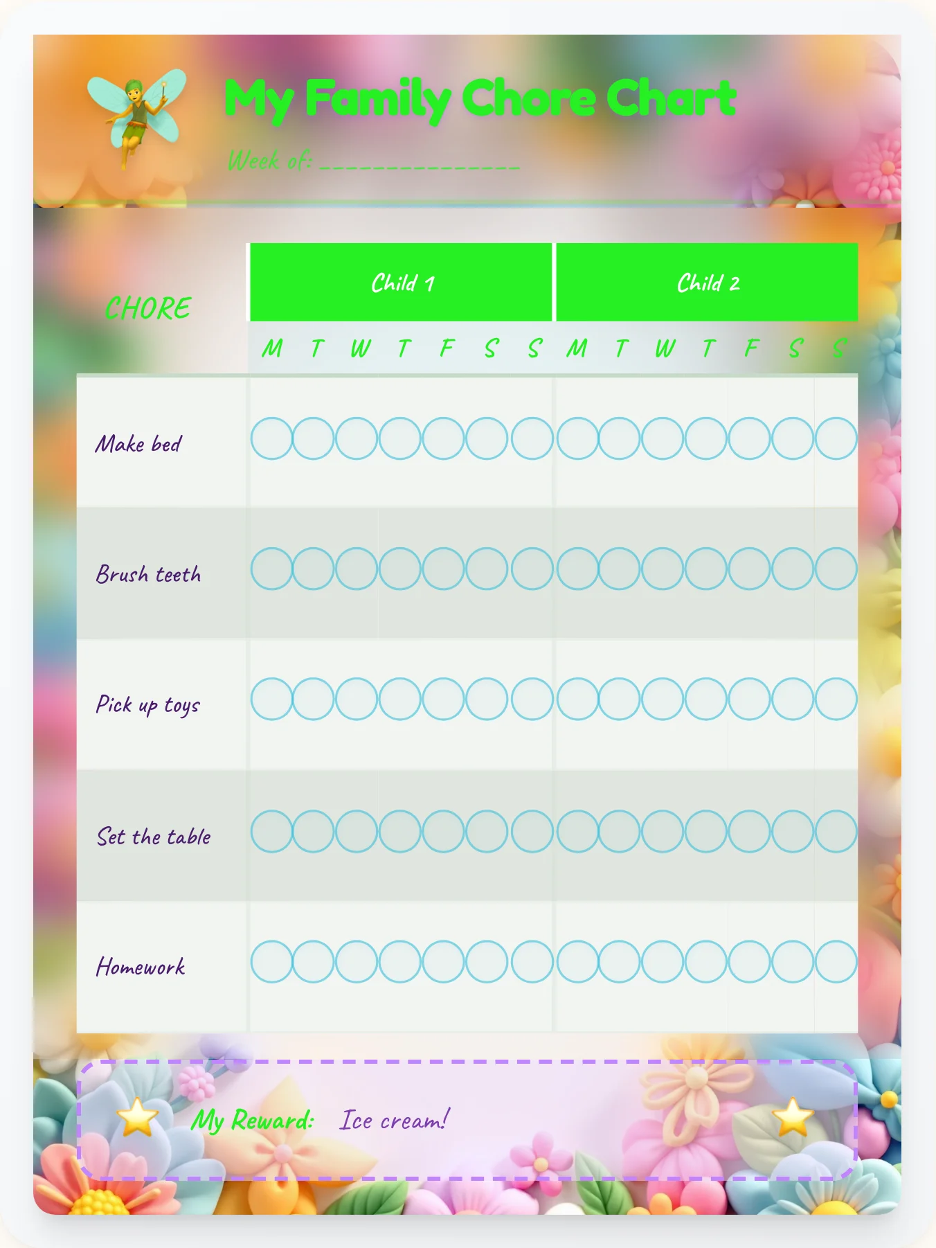 Tender Fairy Family Chart - printable fairy chore chart