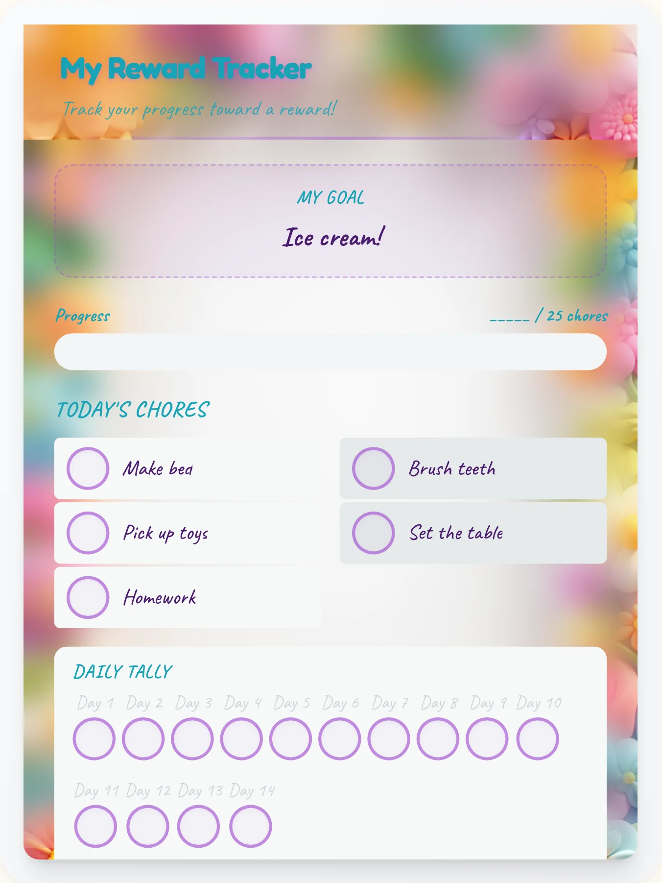 Harmony Fairy Reward Board - printable fairy chore chart