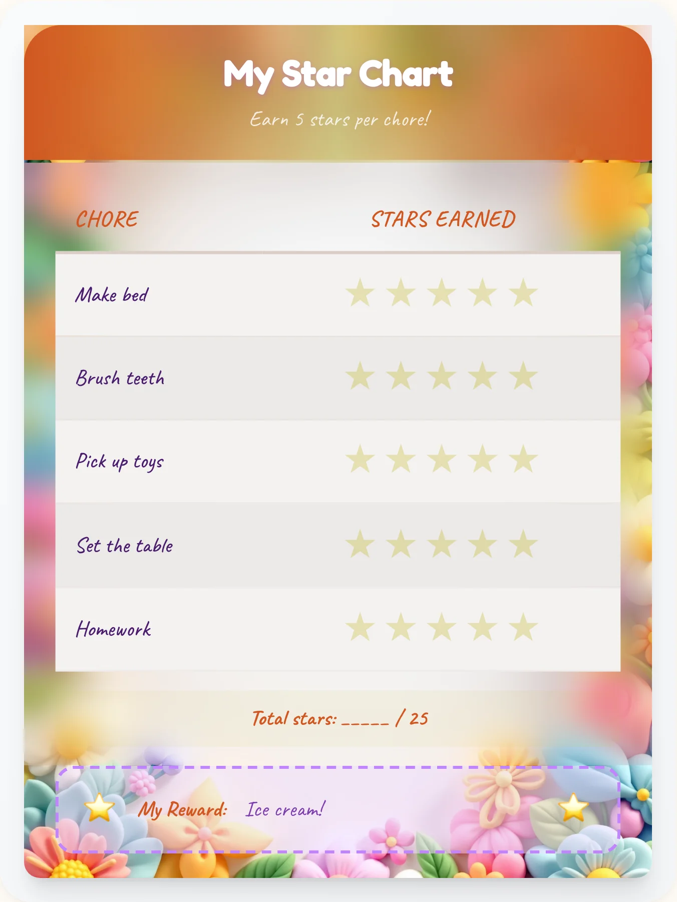 Dreamy Fairy Star Rewards - printable fairy chore chart