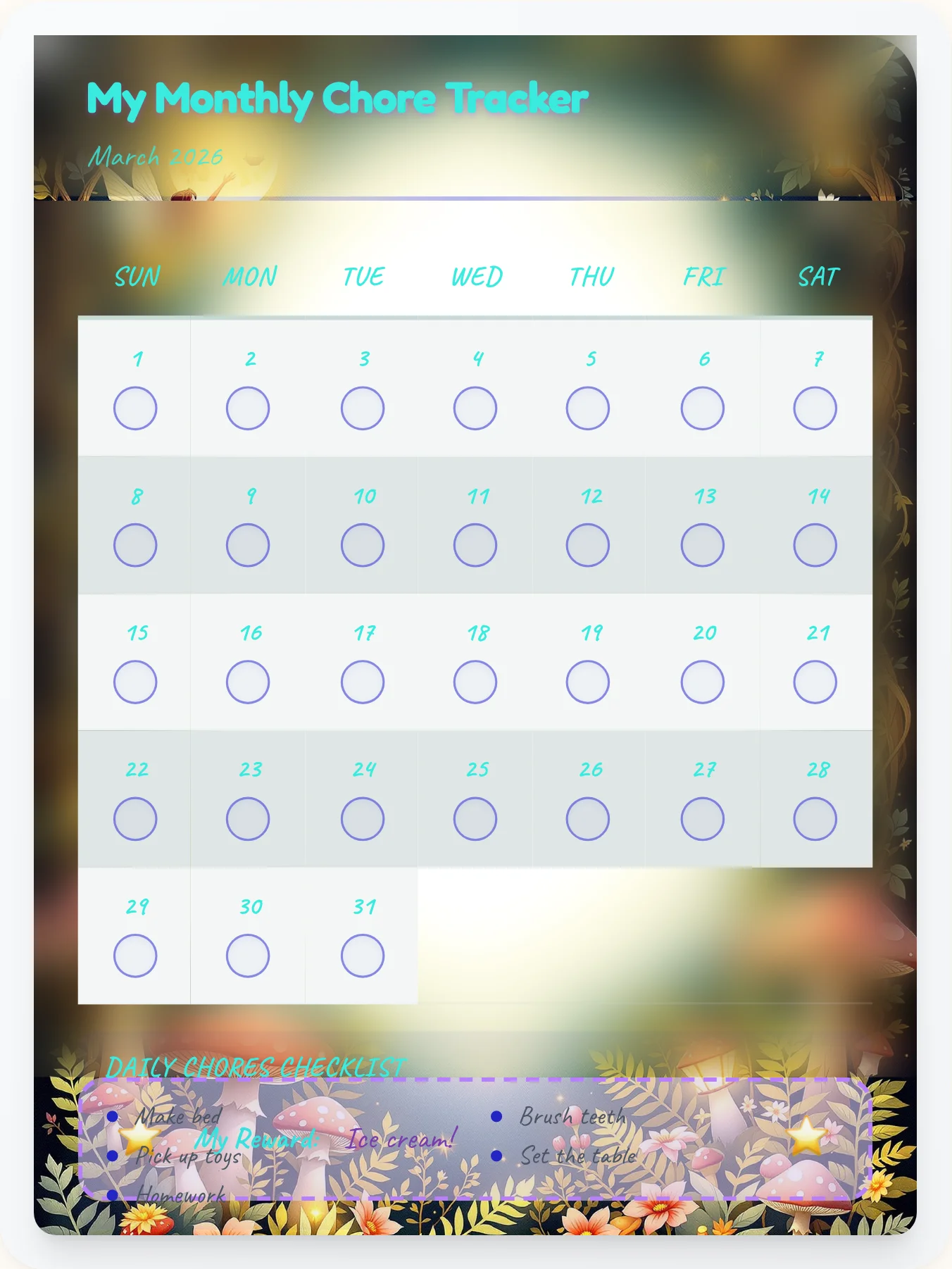 Gentle Fairy Calendar Board - printable fairy chore chart