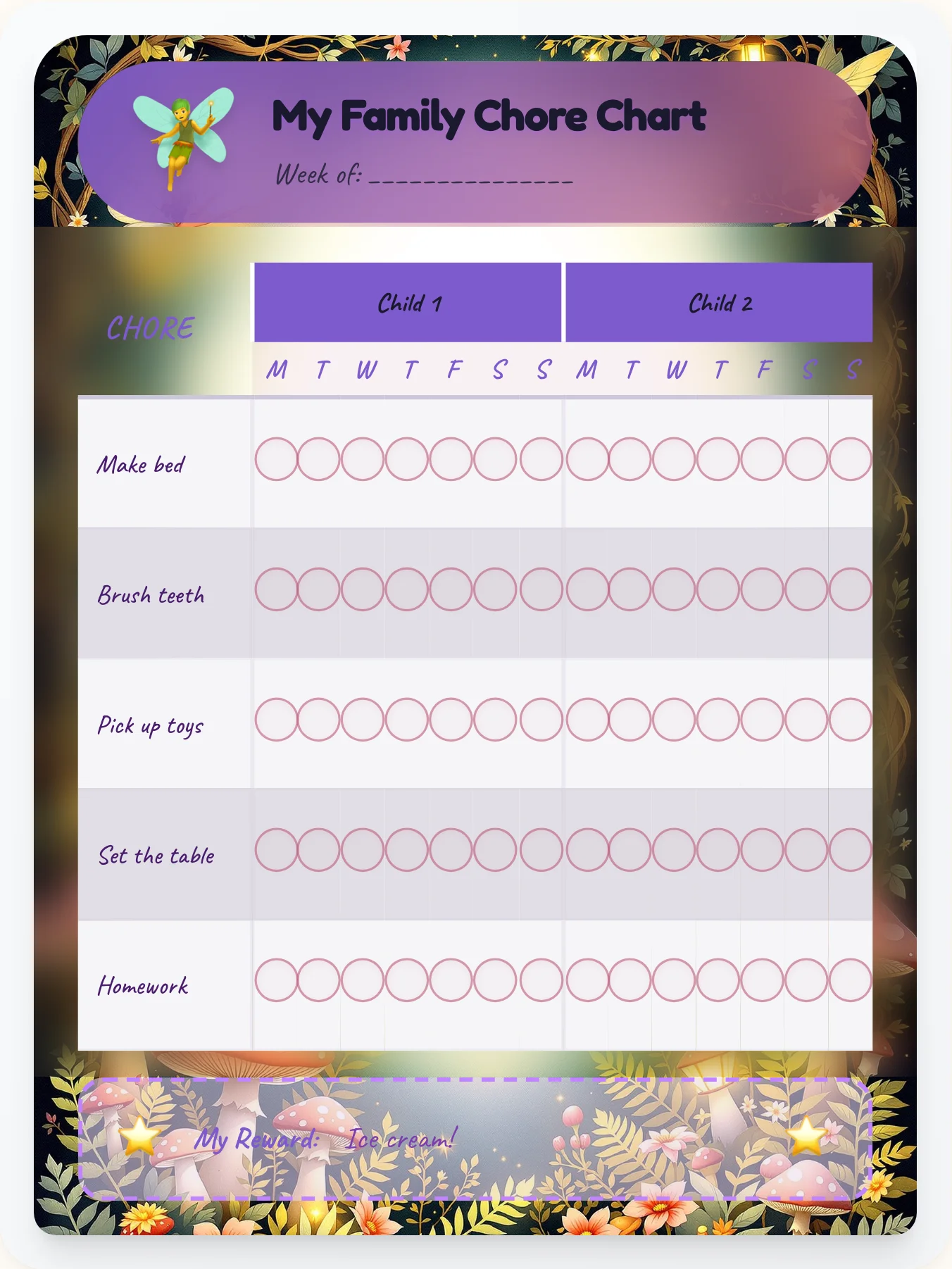 Royal Fairy Family Chart - printable fairy chore chart