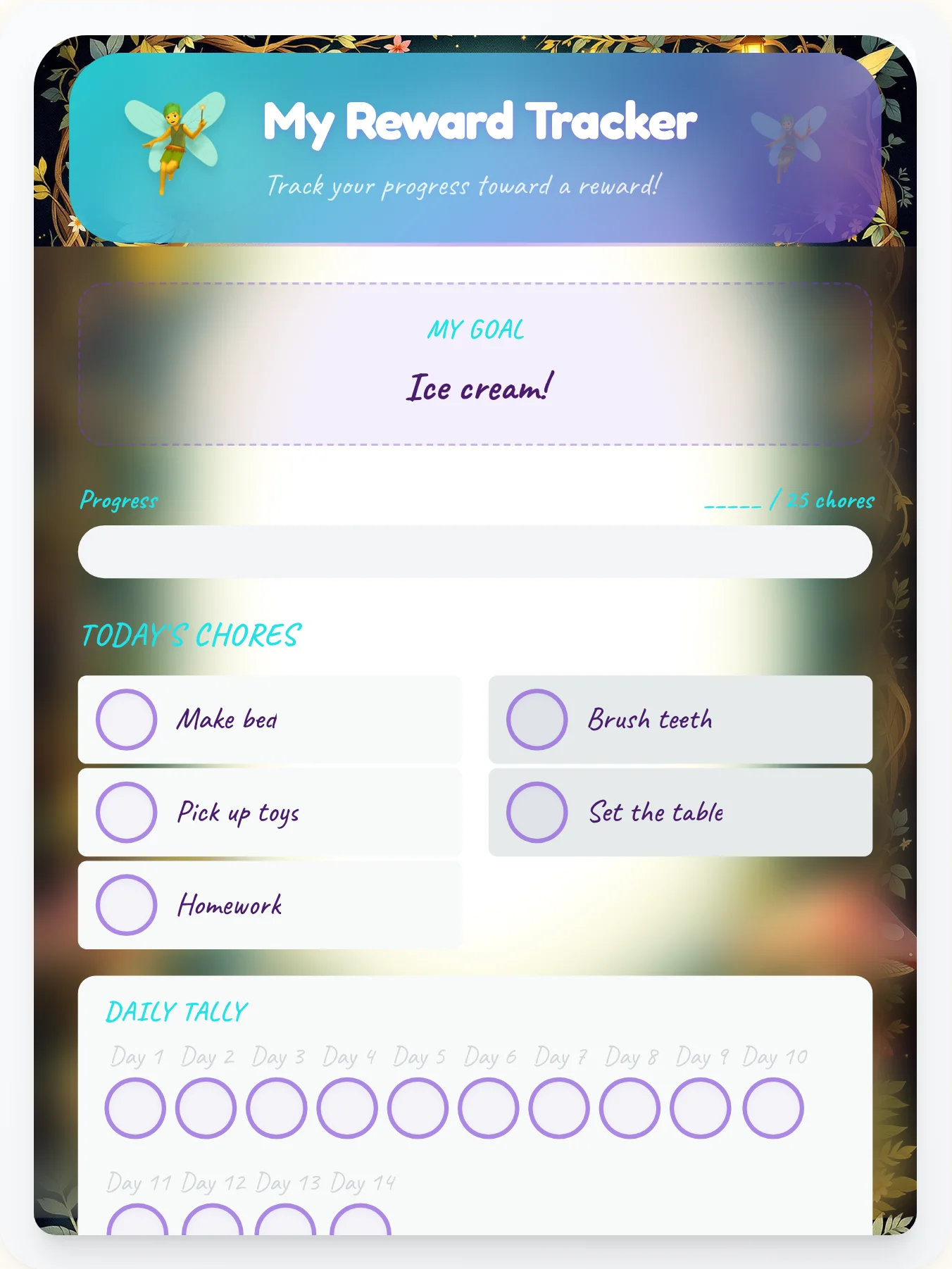 Gentle Fairy Achievement Board - printable fairy chore chart