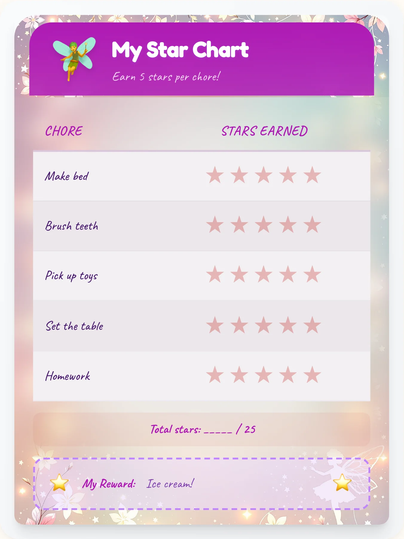 Whimsical Fairy Star Rewards - printable fairy chore chart