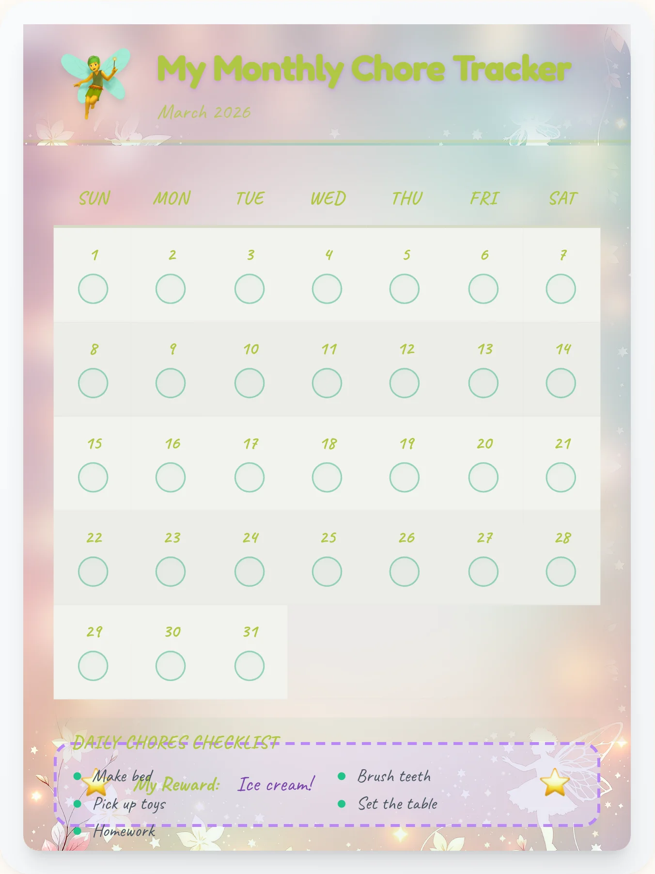 Misty Fairy Monthly Planner - printable fairy chore chart