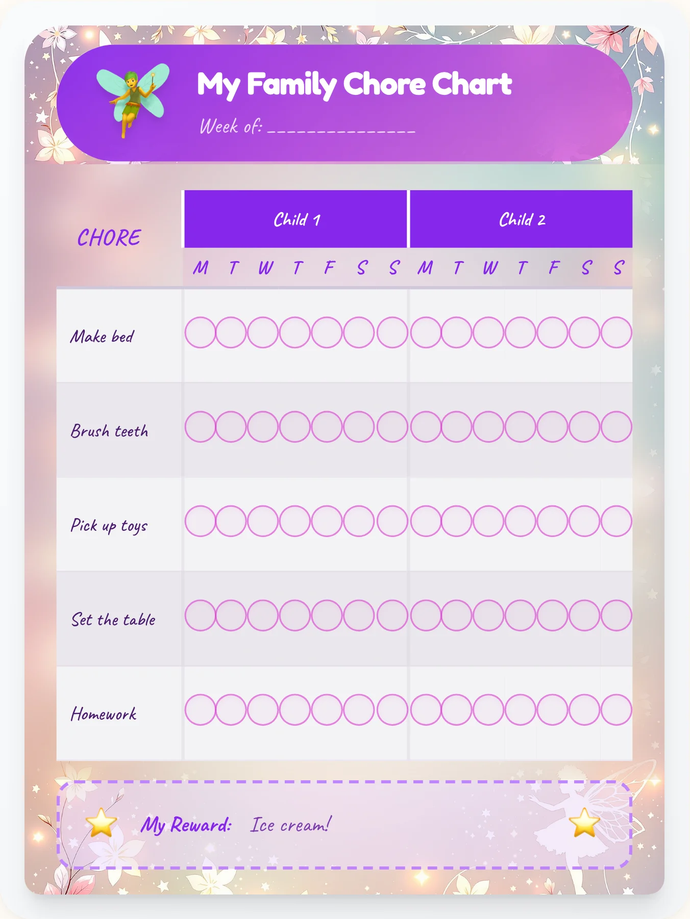 Serene Fairy Family Chart - printable fairy chore chart