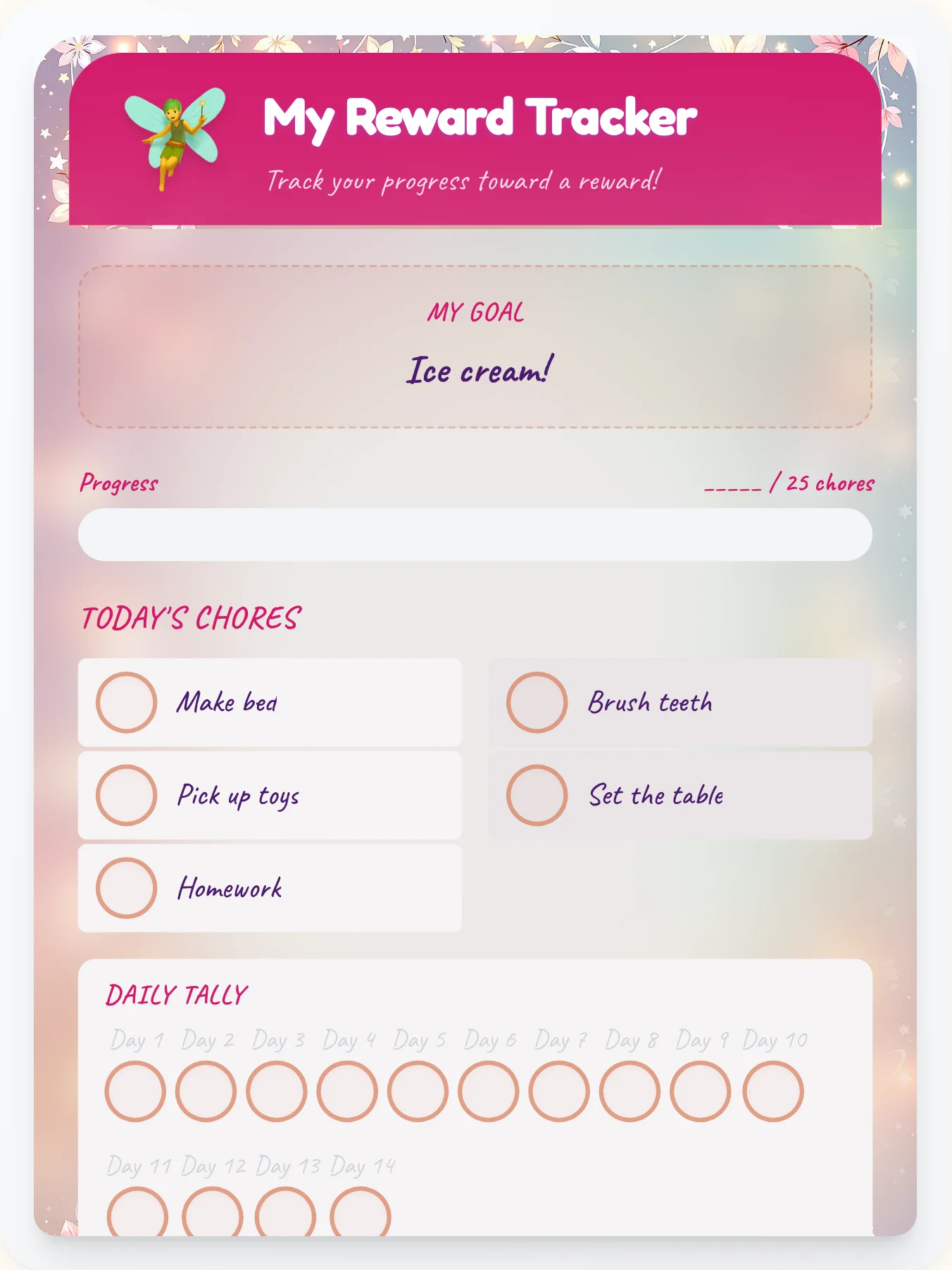 Delicate Fairy Prize Chart - printable fairy chore chart