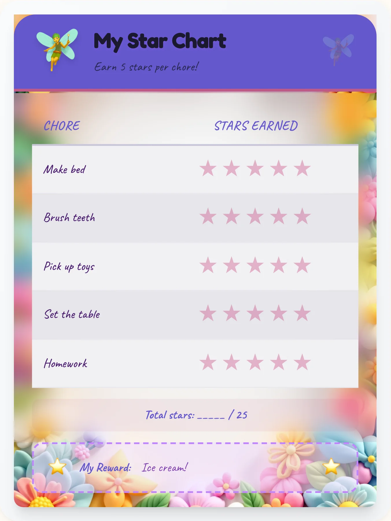Organic Fairy Star Chart - printable fairy chore chart
