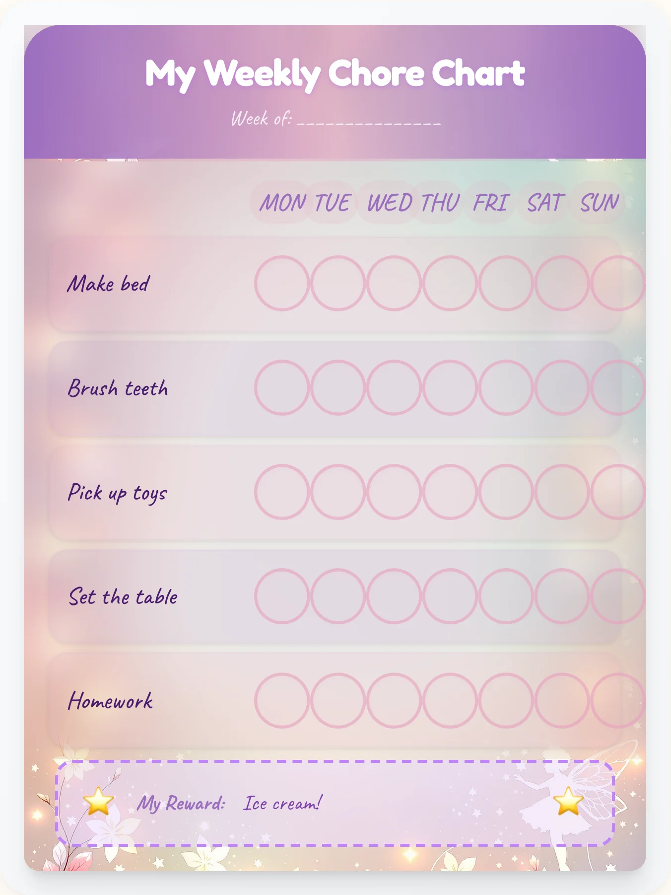 Aurora Pixie Dust - Free Printable Fairy Chore Chart - printable fairy chore chart