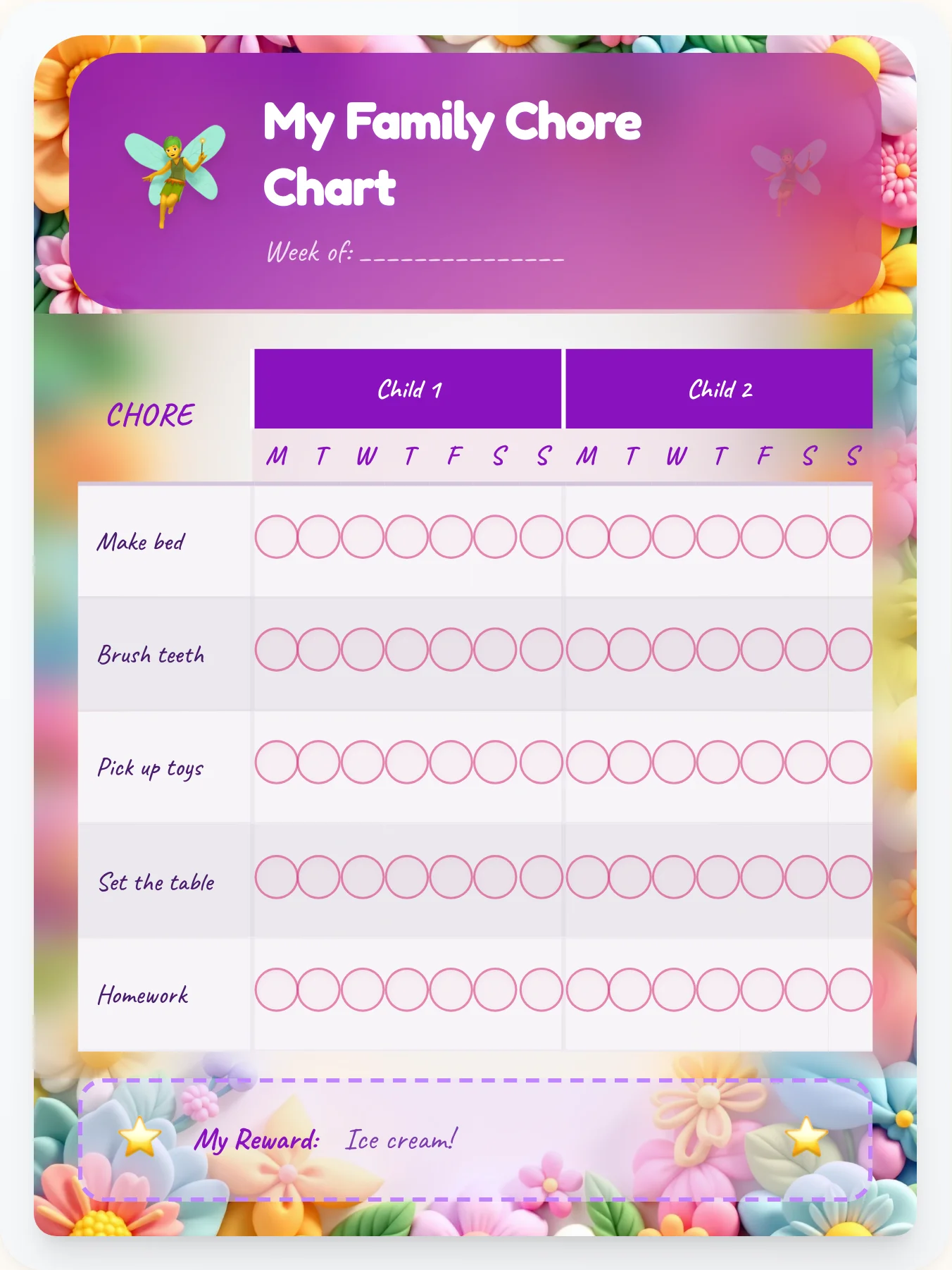 Hazy Fairy Group Planner - printable fairy chore chart