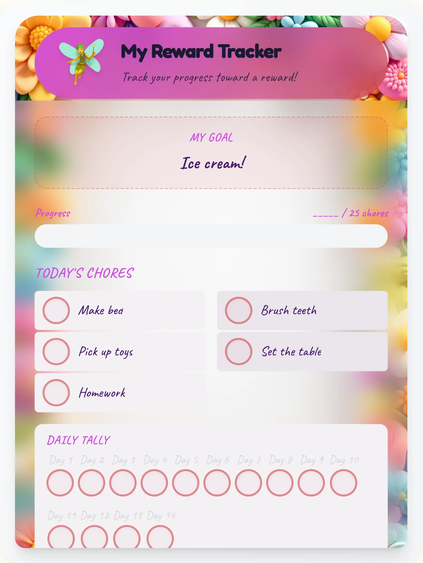 Vibrant Fairy Achievement Board - printable fairy chore chart