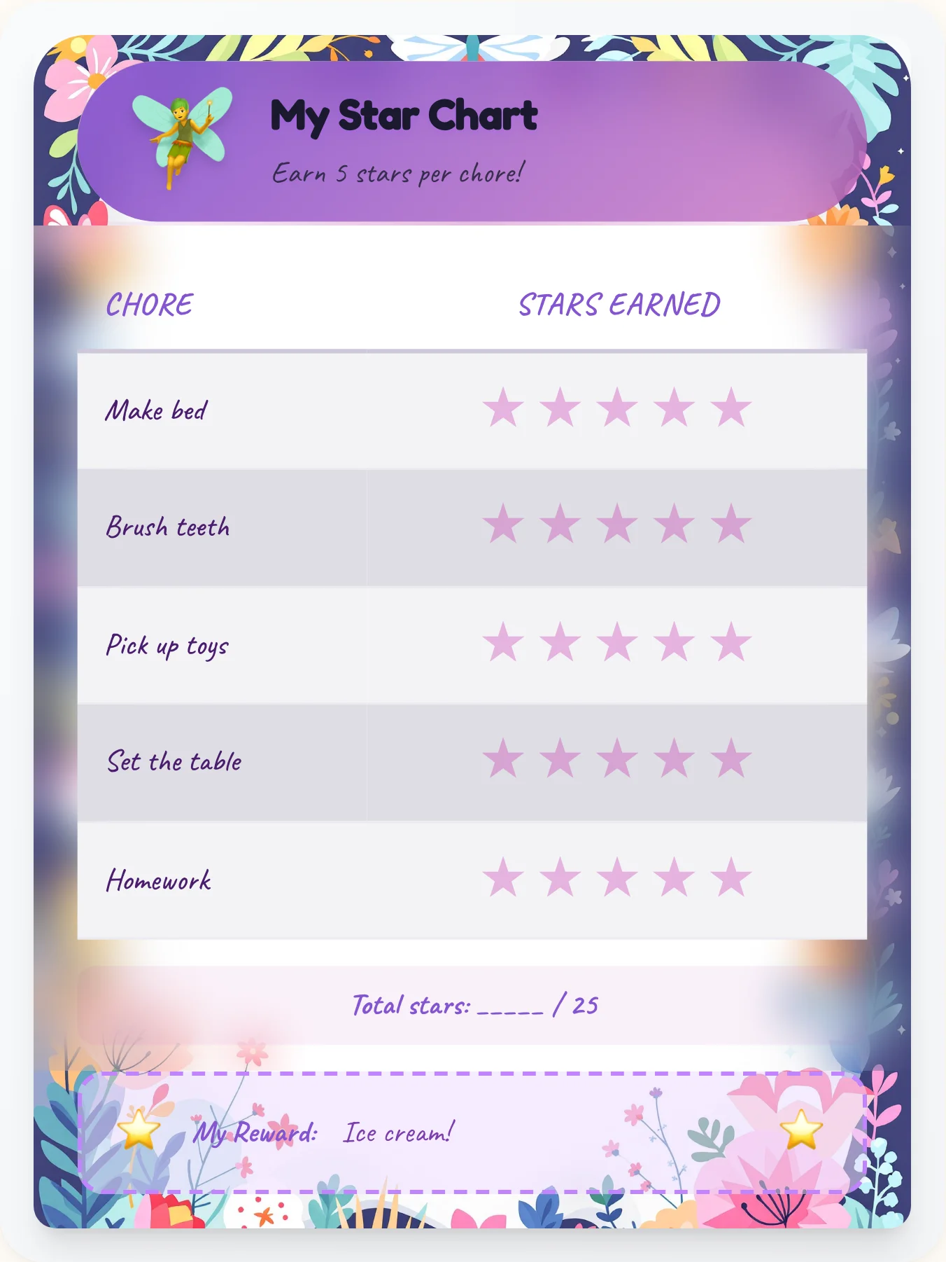 Royal Fairy Star Tracker - printable fairy chore chart