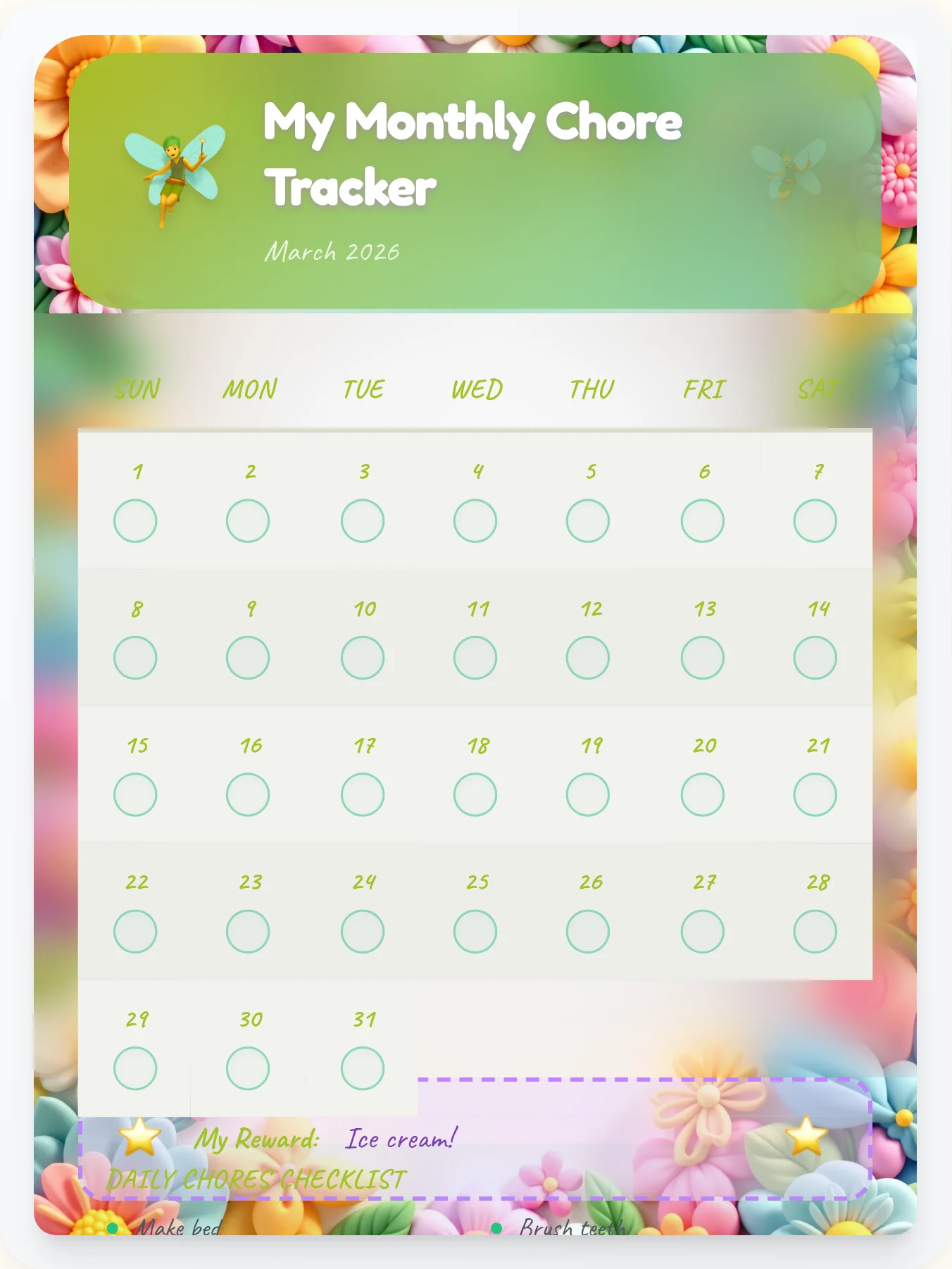 Noble Fairy Month View - printable fairy chore chart
