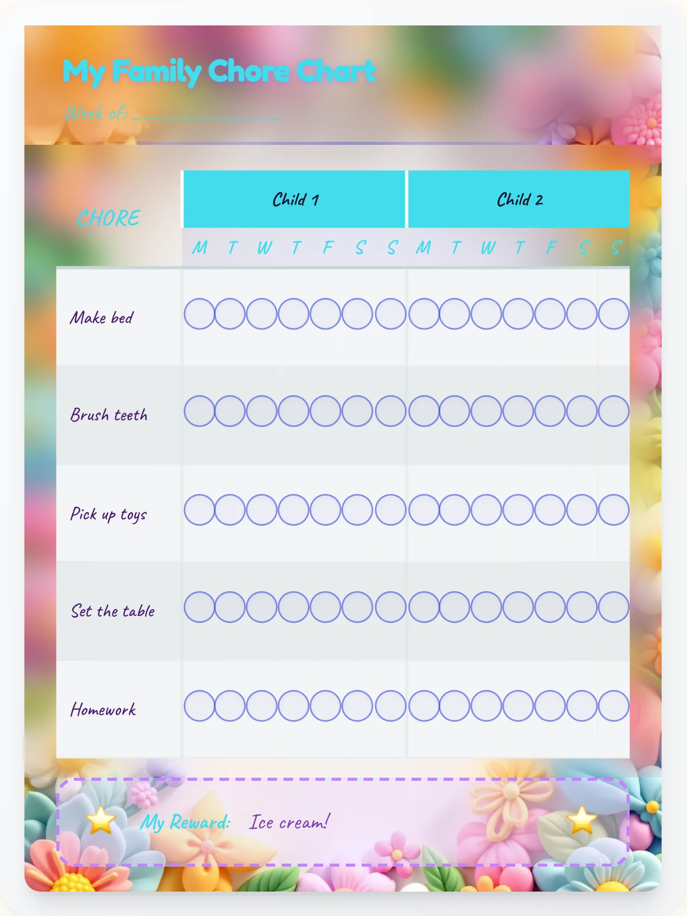 Harmony Fairy Team Chart - printable fairy chore chart