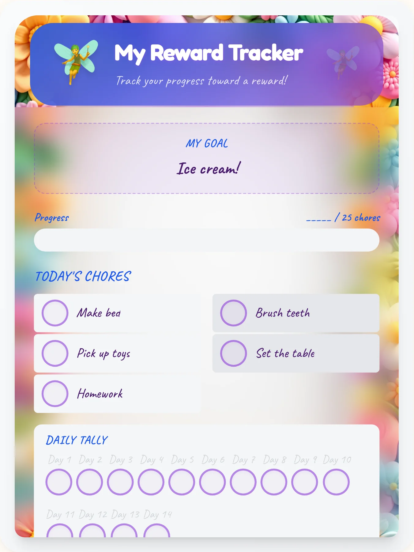 Luminous Fairy Prize Chart - printable fairy chore chart