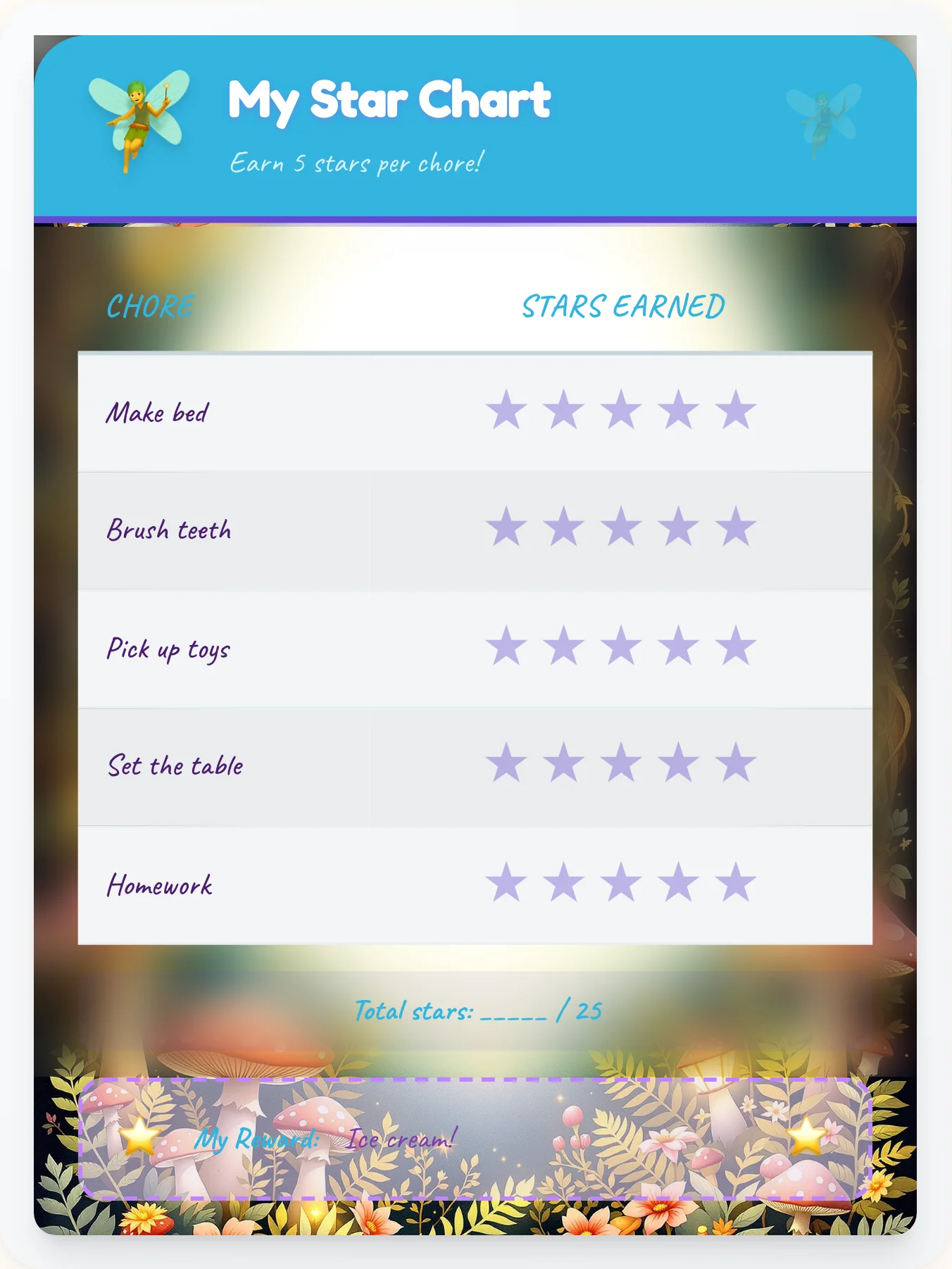 Inspiring Fairy Star Rewards - printable fairy chore chart